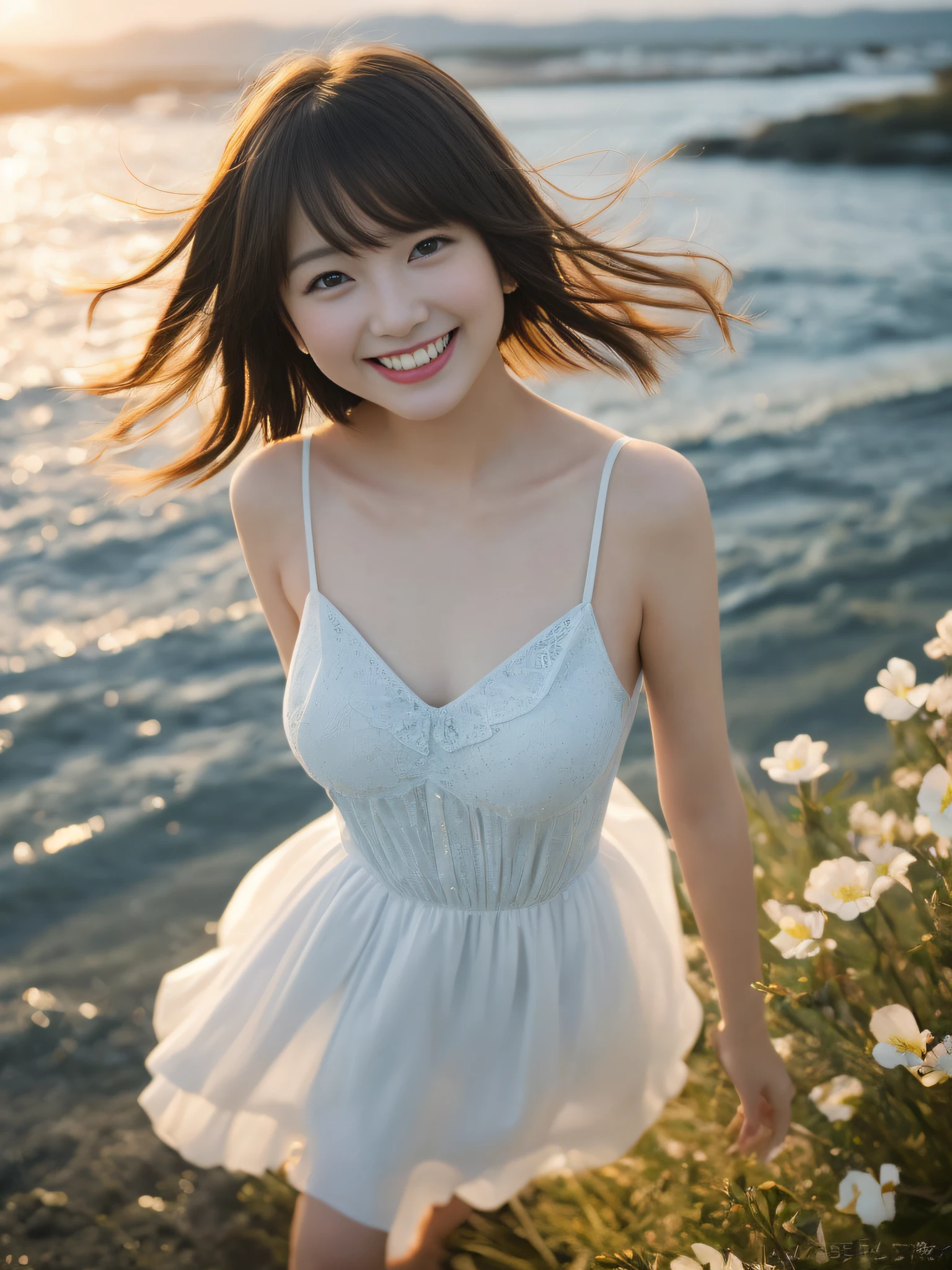 Only one girl、((perfect bodies)))、(​masterpiece)、((top-quality))、(ultra-detailliert)、((extremely delicate and beautiful))、nffsw，(((incredibly absurdness)))、((perfect bodies)))、(((A dark-haired)))、(((short-cut)))、(((Okabo hair)))、(((Looking at the camera)))、{{{maternal}}}、(((small tits)))、(((The best smile that makes you happy)))、Camisole Dress Figure、mare+Background with、dynamic ungle、female focus on、{Particles of light}、In-depth background、((paul hedley)))、Soft lighting、Evening glow、Very beautiful sunset、Live action、realisitic、Angle from above、cute smile face、the background is blurred.12year old、being thin、Beautiful teeth、(((the wind)))、(movement)、(((emotional)))、((colourfull))、a baby face、Flower kanmuri