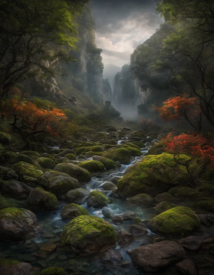 （Rizhao Jinshan）Magnificent view，Forest edge landscape photography Professional high-quality nature digital photography，Spring flowers bushes in the moonlight on a rainy night，precipice，Eau，Boulders，foggy sky，Traces of rain，Nightmare vision， Dark fantasy plot，Perfect and excellent composition，8K分辨率，the detail，Ultra-wide-angle long-range shooting，background inside dark，Jack Guzman's environmental art photography，realisticlying，cinematic compositions，Volumetriclighting，A high resolution，vividness, A detailed, stunning skies,Colorful clouds float，true to life, Pubic area is clear, flawless perfection, Digital SLR, 1024, 2048, 4096, A detailed, Sharp, best qualtiy, high qulity, absurderes，unmanned background，The is very detailed、Detailed lighting shadows，Trends on ArtStation、iintricate、high detal、dramatics、Midjourney Art（Volumetriclighting：1.2）hdr shot。（Faraway view，Super deep view，ultra-wide-angle，Microfocal length lens：1.2）（realisticlying：1.4）tmasterpiece、high high quality、Beautiful photography、globalillumination、