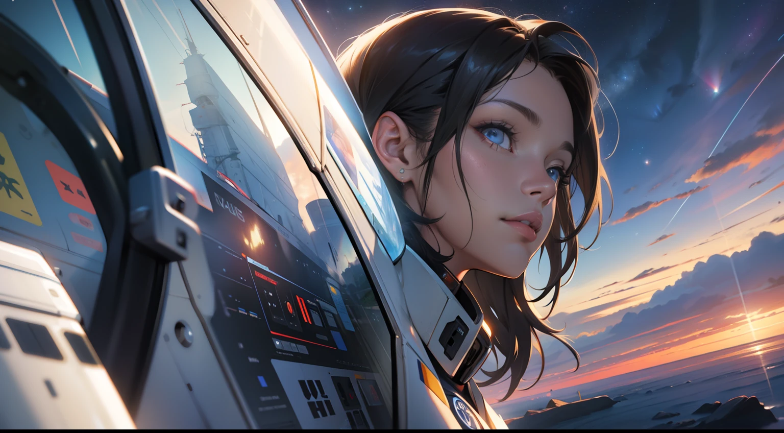 mulher linda com cabelo longo e liso, piloto de nave espacial olhando para a frente segurando o manche da nave, in the space, central position, nearing perfection, Pintura digital, mulher extremamente linda , HDR, 8k, Ultra Detalhado. Tecnologia, conceito-arte, liso, foco nítido, High definition resolution - AR 16:9 --q 2 --s 500 --v 5.1 --- Estilo cru --c 100
