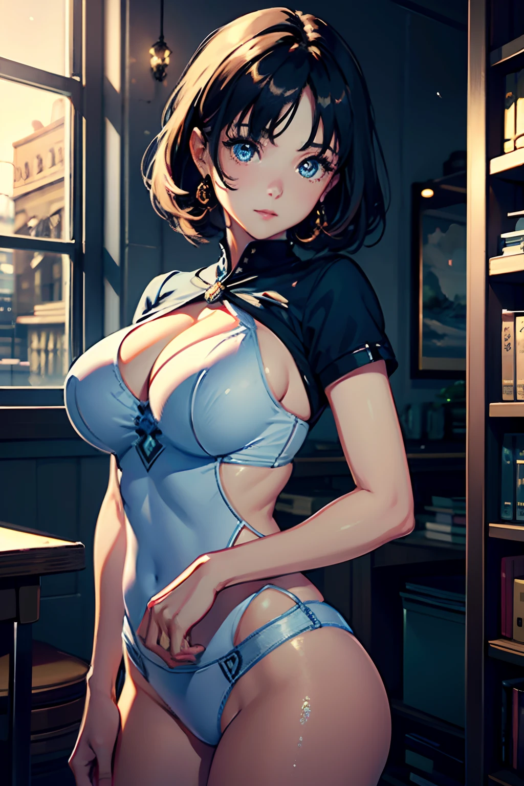 (the Extremely Detailed CG Unity 8K Wallpapers)、top-quality、独奏、1girl in、beatiful detailed eyes、Bright pupils、(extremely delicate and beautiful)、(Beautiful and detailed eyes description)、ultra-detailliert、masterpiece、))、Colossal tits、atlibrary、lifting tits、Photorealsitic、Sailor Mercury