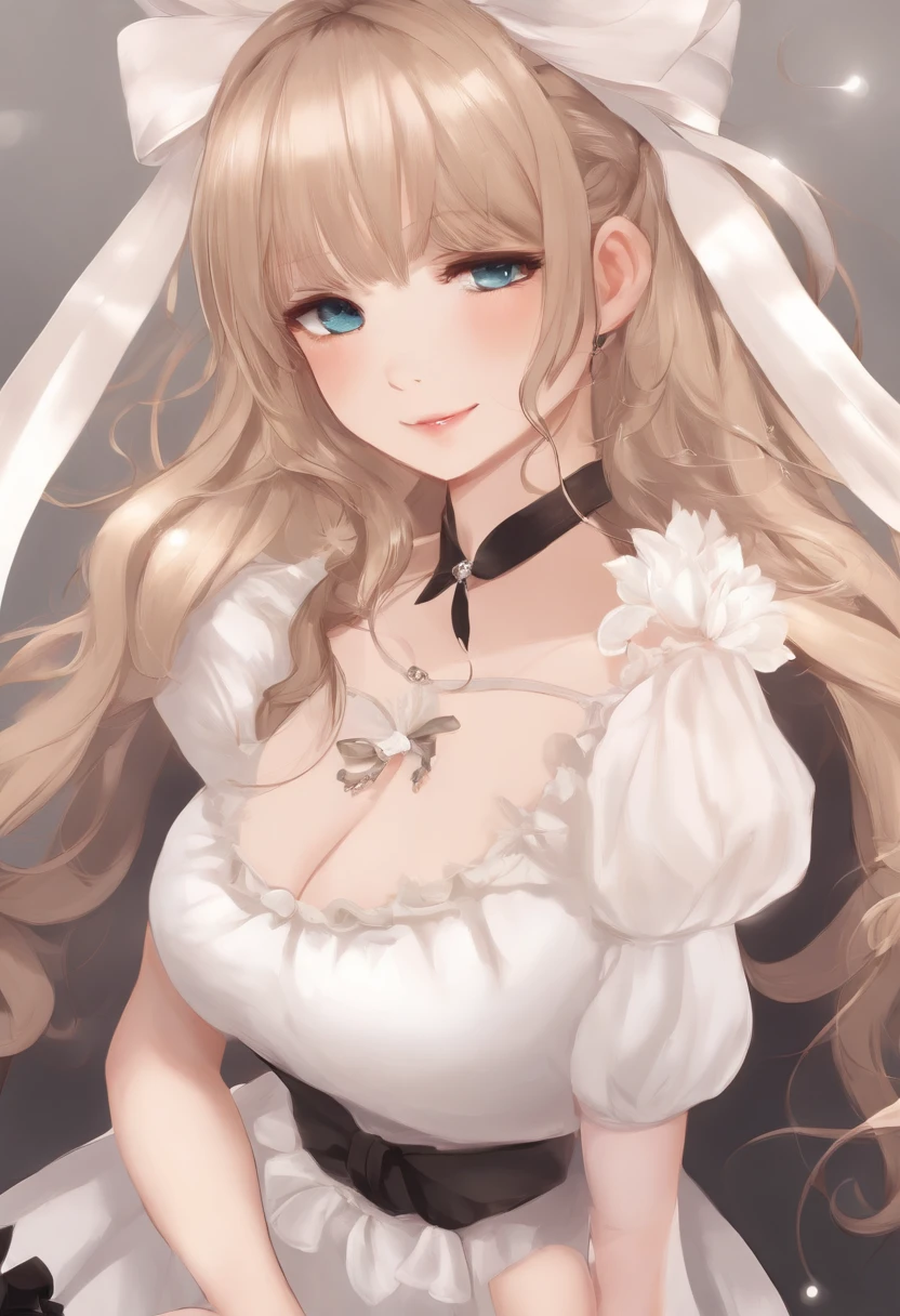 artworks, Best Quality, girl, Alternatives to longhair, absurdly long hair, Blonde hair, bow hair, aqua eyes, Seductive smile, tongue, Black eyes, longeyelashes, Big breasts, Mole on the chest, White shirt, Short black skirt, shoes, Pendants, Hair Ribbon, Flower ribbon, hair_bow ribbon, hair_bow ribbon, hair_flower