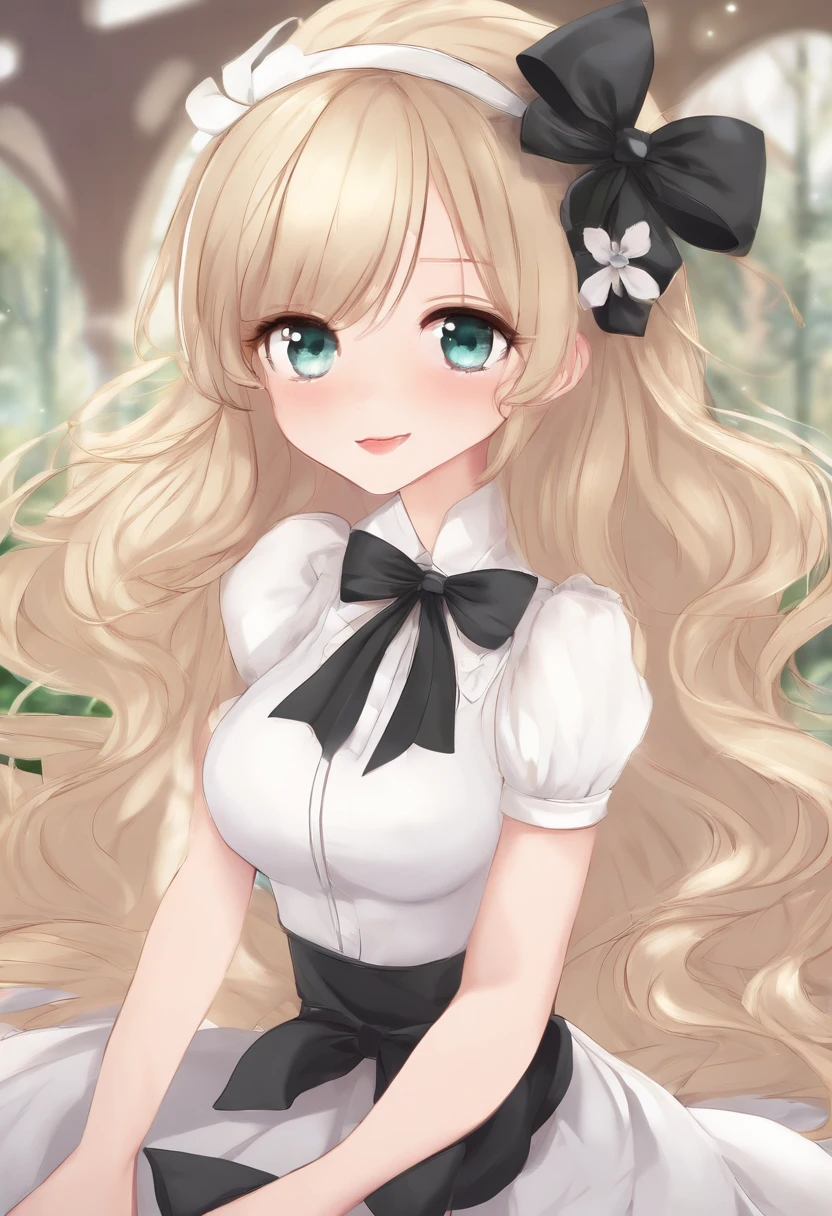 artworks, Best Quality, girl, Alternatives to longhair, absurdly long hair, Blonde hair, bow hair, aqua eyes, Seductive smile, tongue, Black eyes, longeyelashes, Big breasts, Mole on the chest, White shirt, Short black skirt, shoes, Pendants, Hair Ribbon, Flower ribbon, hair_bow ribbon, hair_bow ribbon, hair_flower