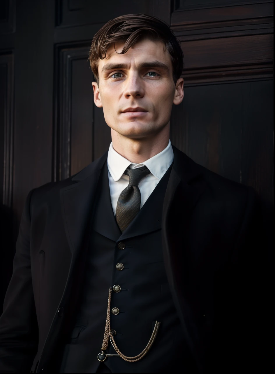 An average shot of Thomas Shelby looking into the camera, Realistic details, foto tirada com uma Nikon D850, perfeitamente iluminado, uma profundidade de campo rasa