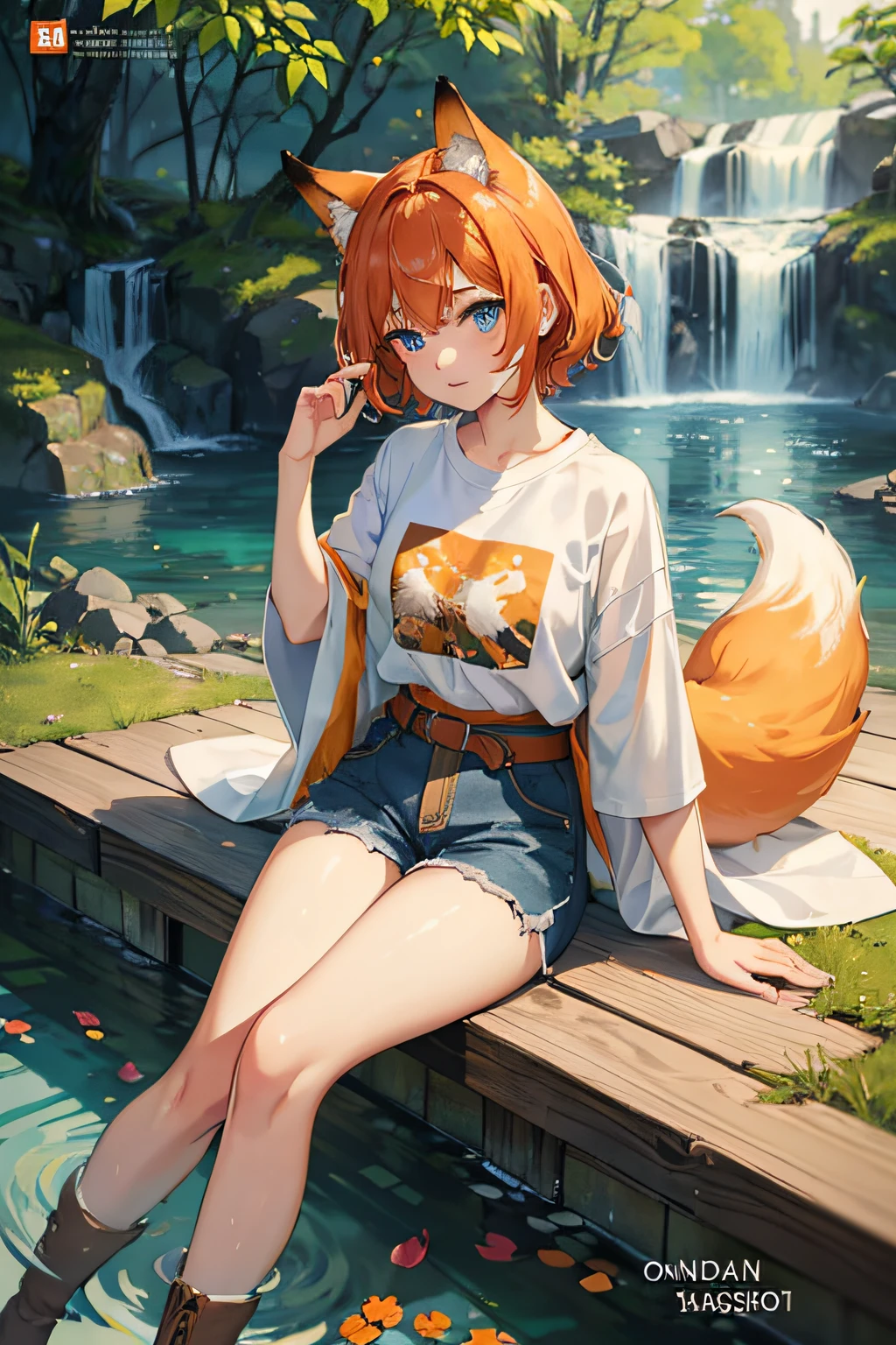 japanese mythology, colorful auspicious clouds, sakura, leaf, tree, waterfall, acorn, soil,  blurry_foreground, 1girl, day, painting, depth_of_field, blurry, short hair, branch, forest, outdoor, nature, Bonfire, (wearing green T-Shirt, blue denim shorts, black belt, brown boots), bare arms, Onsen, sitting, best quality, (best quality), ((masterpiece)), (highres), original, 8K wallpaper extremely detailed, (an extremely delicate and beautiful),((detailed face)), eyes with beautiful details,hair fluttering in the wind, messy hair, lens reflection, 1 girl, full body, (blue eye), (orange hair), (fox tail), (fox ears), (a beautiful young woman: 1.1), beautiful detailed eyes, orange hair, small breasts, (looking at the viewer), (magazine: 1.3), (cover style: 1.3), elegant, woman, vibrant, clothing, posing, front, colorful, dynamic, background, elements, confident, expression, statement, majestic, around, scene, cover, daring, eye-catching, fashionable , captivating, headline, impressive, focus, fashion