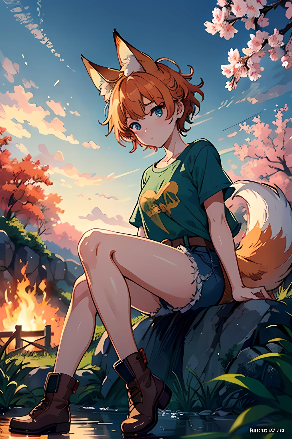 japanese mythology, colorful auspicious clouds, sakura, leaf, tree, waterfall, acorn, soil, blurry_foreground, 1girl, day, painting, depth_of_field, blurry, short hair, branch, forest, outdoor, nature, Bonfire, (wearing green T-Shirt, blue denim shorts, black belt, brown boots), bare arms, Onsen, sitting, best quality, (best quality), ((masterpiece)), (highres), original, 8K wallpaper extremely detailed, (an extremely delicate and beautiful),((detailed face)), eyes with beautiful details,hair fluttering in the wind, messy hair, lens reflection, 1 girl, full body, (blue eye), (orange hair), (fox tail), (fox ears), (a beautiful young woman: 1.1), beautiful detailed eyes, orange hair, small breasts, (looking at the viewer), (magazine: 1.3), (cover style: 1.3), elegant, woman, vibrant, clothing, posing, front, colorful, dynamic, background, elements, confident, expression, statement, majestic, around, scene, cover, daring, eye-catching, fashionable , captivating, headline, impressive, focus, fashion