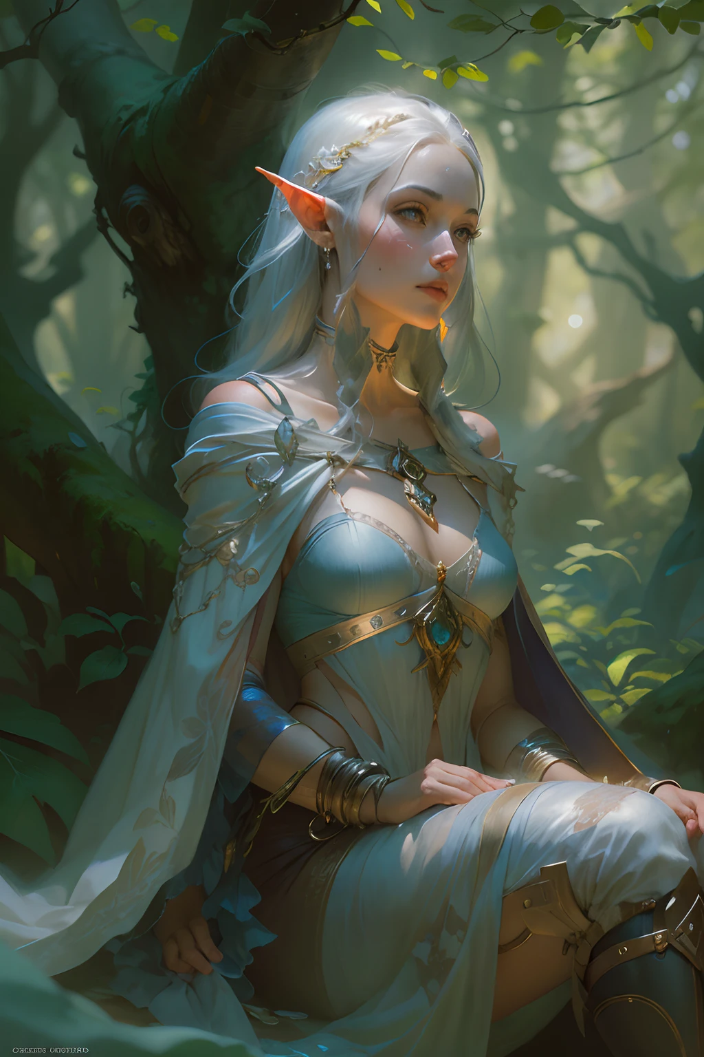 female elf, looking at viewer, flowing cloths and silver amor, the silent forested, mysterious, fantasy art, Donato Giancola, craig mullins, parth, masterful strokes legendary