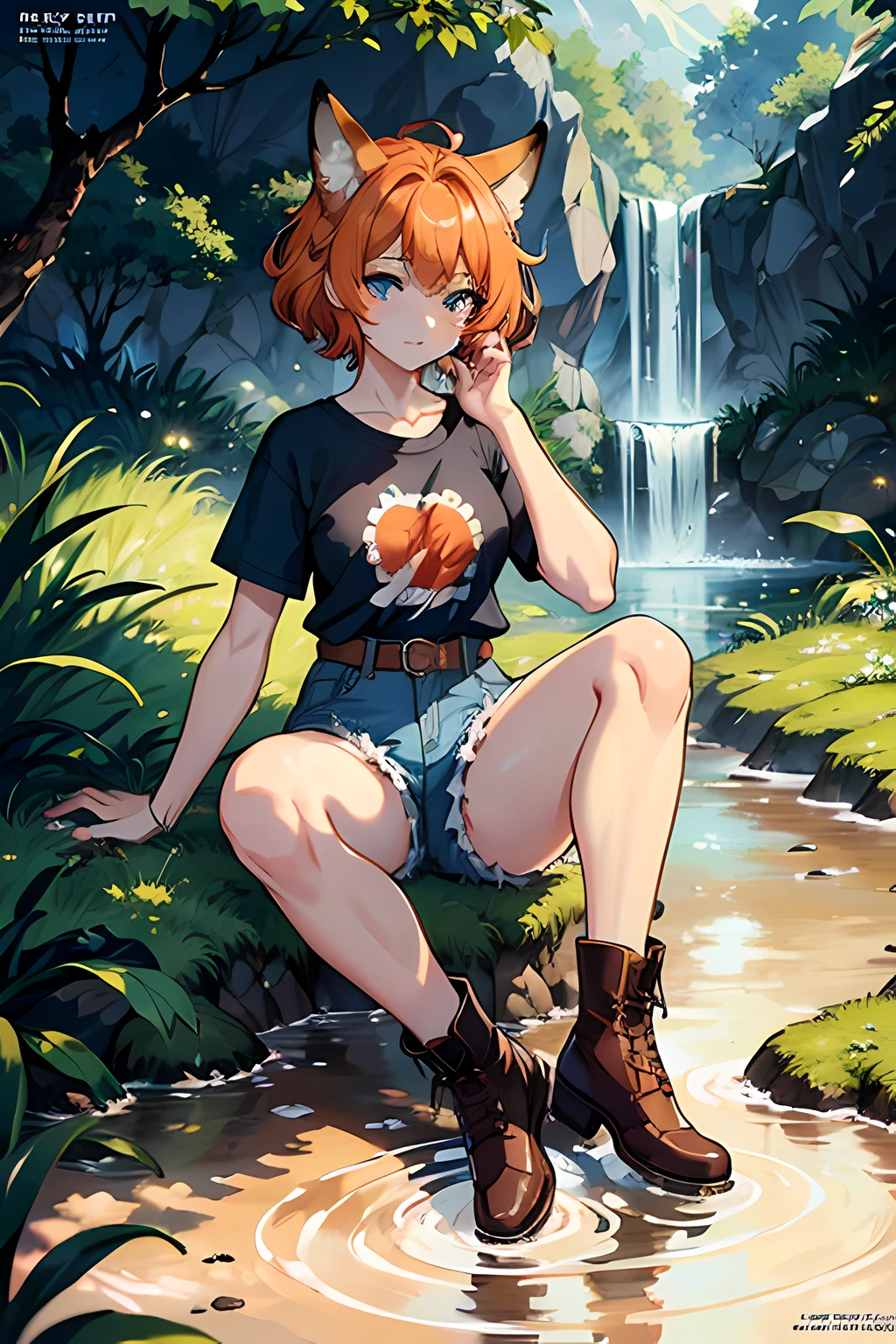 japanese mythology, colorful auspicious clouds, sakura, leaf, tree, waterfall, acorn, soil, blurry_foreground, 1girl, day, painting, depth_of_field, blurry, short hair, branch, forest, outdoor, nature, Bonfire, (wearing green T-Shirt, blue denim shorts, black belt, brown boots), bare arms, Onsen, sitting, best quality, (best quality), ((masterpiece)), (highres), original, 8K wallpaper extremely detailed, (an extremely delicate and beautiful),((detailed face)), eyes with beautiful details,hair fluttering in the wind, messy hair, lens reflection, 1 girl, full body, (blue eye), (orange hair), (fox tail), (fox ears), (a beautiful young woman: 1.1), beautiful detailed eyes, orange hair, small breasts, (looking at the viewer), (magazine: 1.3), (cover style: 1.3), elegant, woman, vibrant, clothing, posing, front, colorful, dynamic, background, elements, confident, expression, statement, majestic, around, scene, cover, daring, eye-catching, fashionable , captivating, headline, impressive, focus, fashion