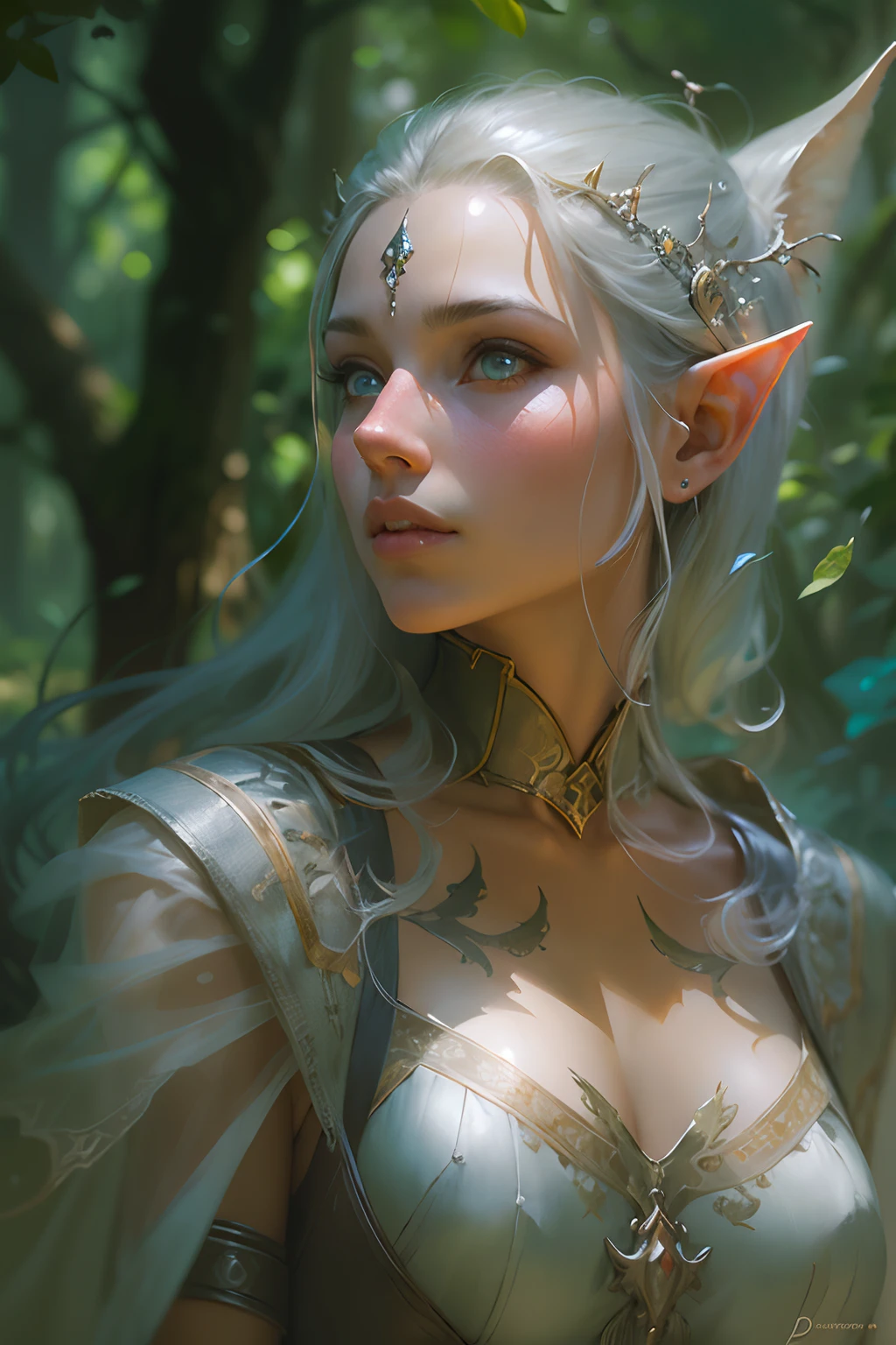 female elf, looking at viewer, flowing cloths and silver amor, the silent forested, mysterious, fantasy art, Donato Giancola, craig mullins, parth, masterful strokes legendary
