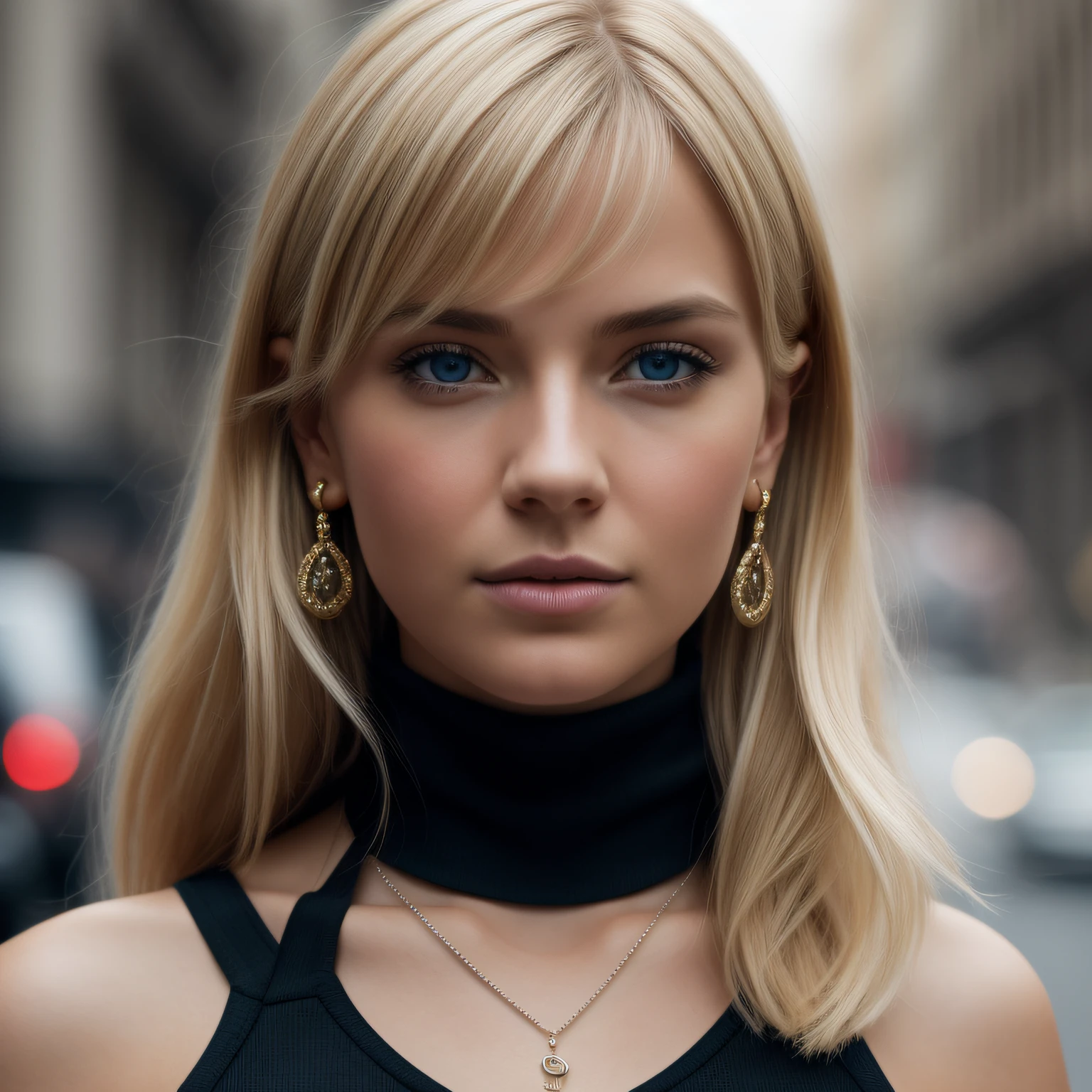 Slender, young, short blonde hair, blue eyes, in town, natural skin texture, 24mm, 4K textures, soft cinematic light, RAW photography, photorealistic, photorealistic, complex, elegant, highly detailed, sharp focus, (((cinematic look))), calm Tone, Insane Detail, Complex Detail, Ultra Detail, High Contrast, Soft Cinematic Light, Dim Colors, Exposure Blending, HDR, Faded, Cold, Waist Thin, Well-Proportioned, (8k, 4k, Top Quality, Hi-Res: 1.1), (Realistic, Photorealistic: 1.1), Girl 1 People, Solo, Face, Twin Tails, Blonde Hair, Bangs, Long Hair, Necklace, Earrings, Lips, Eye Shadow, Jewelry, (Viewer Looking For: 1.8), Spaghetti Straps, Detail, High Contrast, from_side, srfc, stunning complex full color portrait, wearing black turtleneck, spectacular character composition, by Ilya Kubushinov, Alessio Albi, Nina Masic, sharp focus, natural light, sub-surface scatter, f2, 35mm, film grain full body in new york