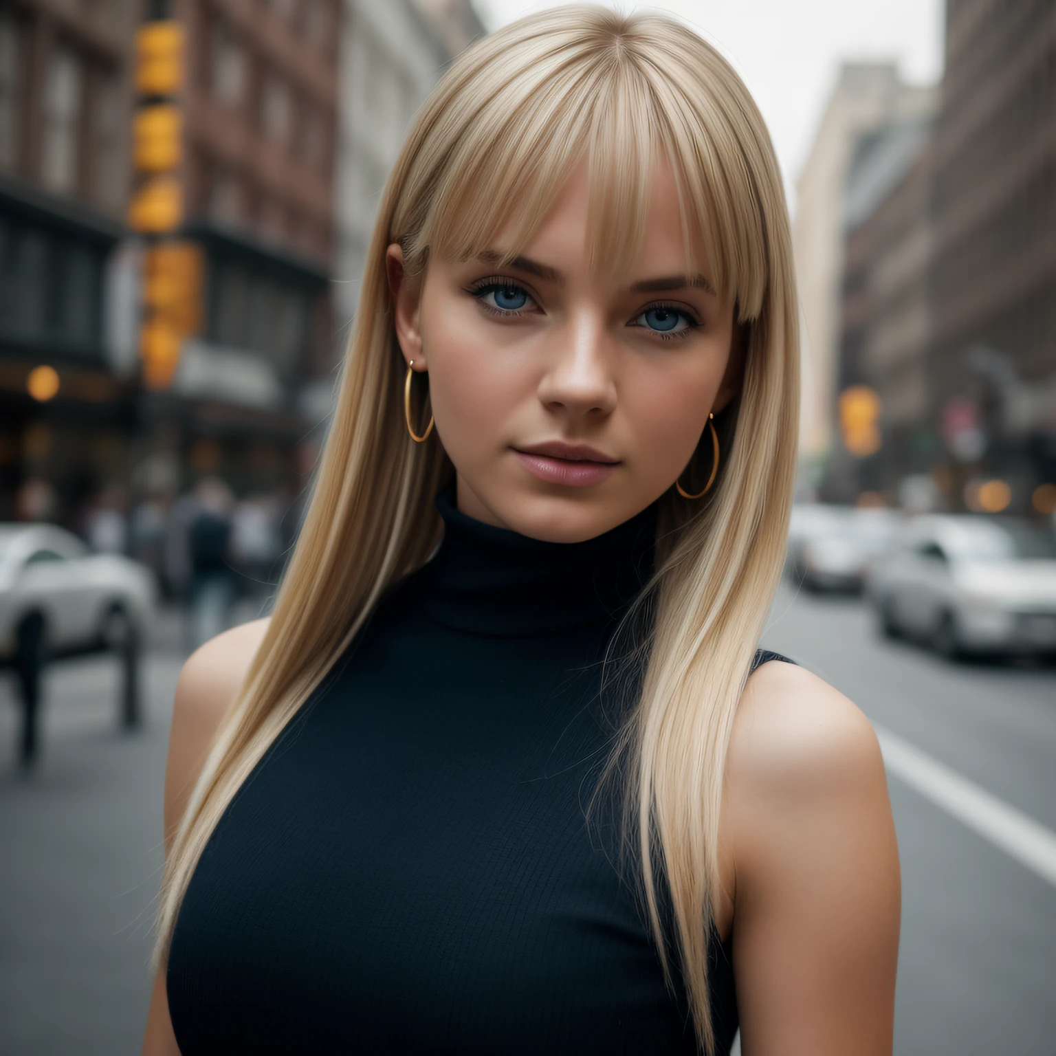 Slender, young, short blonde hair, blue eyes, in town, natural skin texture, 24mm, 4K textures, soft cinematic light, RAW photography, photorealistic, photorealistic, complex, elegant, highly detailed, sharp focus, (((cinematic look))), calm Tone, Insane Detail, Complex Detail, Ultra Detail, High Contrast, Soft Cinematic Light, Dim Colors, Exposure Blending, HDR, Faded, Cold, Waist Thin, Well-Proportioned, (8k, 4k, Top Quality, Hi-Res: 1.1), (Realistic, Photorealistic: 1.1), Girl 1 People, Solo, Face, Twin Tails, Blonde Hair, Bangs, Long Hair, Necklace, Earrings, Lips, Eye Shadow, Jewelry, (Viewer Looking For: 1.8), Spaghetti Straps, Detail, High Contrast, from_side, srfc, stunning complex full color portrait, wearing black turtleneck, spectacular character composition, by Ilya Kubushinov, Alessio Albi, Nina Masic, sharp focus, natural light, sub-surface scatter, f2, 35mm, film grain full body in new york
