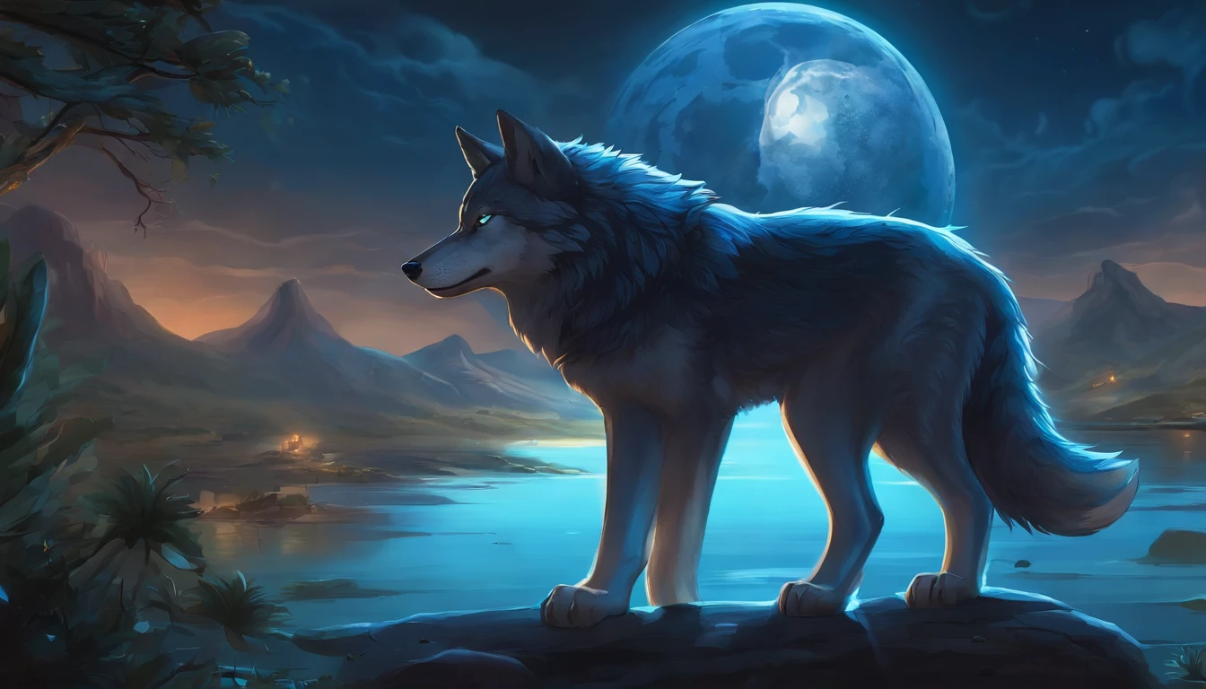 Lobo Azul em estilo anime，A wolf stared fiercely at the camera，There is a glowing sphere in the background, mobile game art, arte de fundo, arte detalhada do jogo, Koda Kazuma, arte oficial altamente detalhada, arte oficial, arte do jogo, mobile game background, Game Illustration, arte de fundo, Wolf O'Donnell, amazing wallpapers, arte do jogo!!, arte oficial splash, arte do jogo ultra detalhada, Fenrir