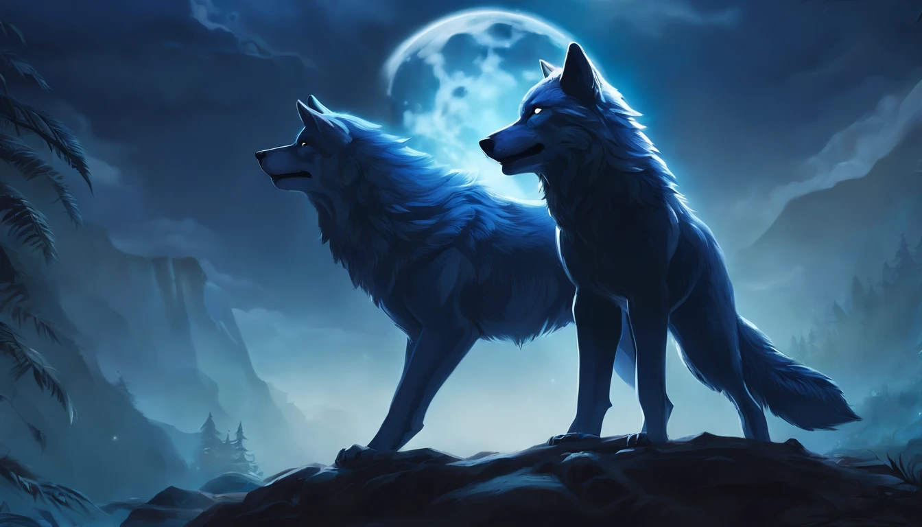 (Detailed description of Lobo, a muscular and furry anthropomorphic wolf:)
Lobo, a rugged and powerful middle-aged wolf with a muscular build, gazes up at the silvery Full Moon with unyielding fascination. His piercing aqua blue eyes gleam in the night, mirroring the ethereal brilliance of Luna. The delicate fur on his face, a mix of light and dark hues, is matted down slightly as he tilts his head, exposing his distinguished black beard. His expression is one of quiet admiration, a slight smile gracing his expressive lips. His form-fitting blue pants and white shirt cling