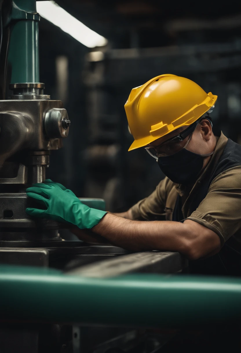 Image of a worker wearing a safety helmet and protective gear while operating an industrial machine.