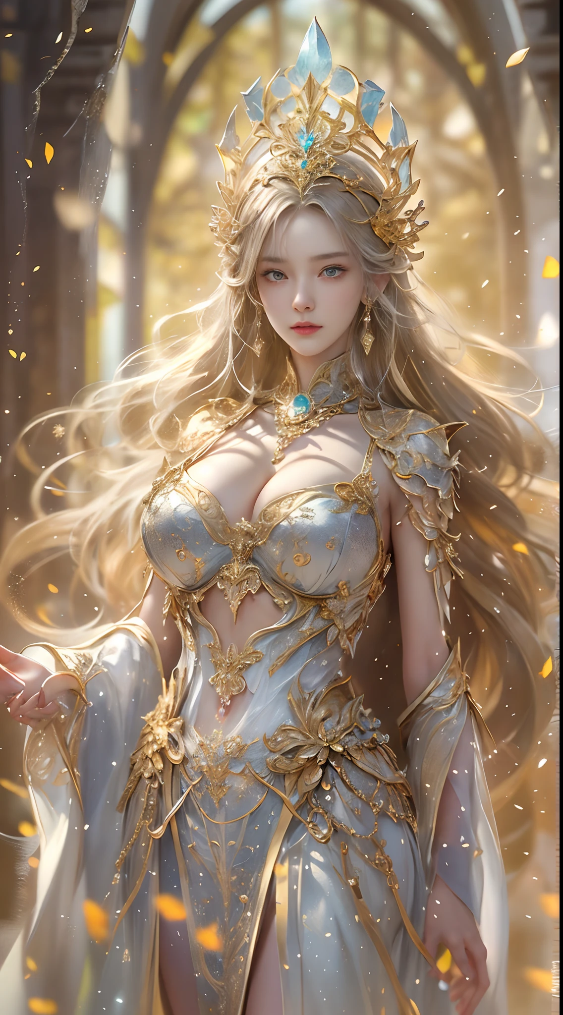 Woman in a golden transparent dress,view the viewer,(((Huge breasts, Large cleavage))),Slim waist,(navel baring,Bare waist), Long hair, Ultra-detailed details,High-end Zhenyi station, Rainstorm site, detailed fantasy art, Stunning character art, Beautiful and exquisite character art, Beautiful gold and silver armor, Extremely detailed, Girl in shiny armor, Exquisite tiaras and jewelry,Crystal jewelry filigree, milky ways, Stunning visuals,(golden rose), (dynamic streaks, light tracks:1.2), Vibrant colors,