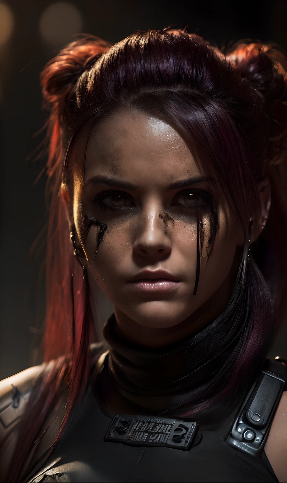 This ((ultra_realistic)) art prompt features a woman in a tank top, medium breast, styled in a post-apocalyptic setting. Her face, gritty yet beautiful, perfectly encapsulates the resilience and determination of a survivor. Her piercing gaze, full of strength and intelligence, is accentuated by well-defined eyebrows. Her nose, straight and refined, adds a regal touch to her countenance. Her lips, captivating yet stoic, tell a story of survival and hope. Her hair, a striking shade of burgundy, is pulled back into a high, tight ponytail, a practical and stylish choice for the harsh world she navigates. The symbols ((💥)) representing the chaotic world around her, and ((🔫)), indicating her weapon of choice, are skillfully incorporated into the artwork's background. This ((post-apocalyptic_style:gritty_and_powerful)) piece underscores the strength and determination of the female survivor, with an emphasis on her resilient and captivating facial features