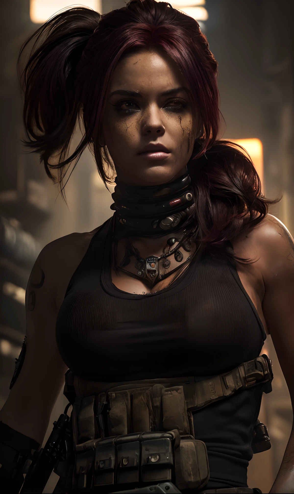 This ((ultra_realistic)) art prompt features a woman in a tank top, medium breast, styled in a post-apocalyptic setting. Her face, gritty yet beautiful, perfectly encapsulates the resilience and determination of a survivor. Her piercing gaze, full of strength and intelligence, is accentuated by well-defined eyebrows. Her nose, straight and refined, adds a regal touch to her countenance. Her lips, captivating yet stoic, tell a story of survival and hope. Her hair, a striking shade of burgundy, is pulled back into a high, tight ponytail, a practical and stylish choice for the harsh world she navigates. The symbols ((💥)) representing the chaotic world around her, and ((🔫)), indicating her weapon of choice, are skillfully incorporated into the artwork's background. This ((post-apocalyptic_style:gritty_and_powerful)) piece underscores the strength and determination of the female survivor, with an emphasis on her resilient and captivating facial features