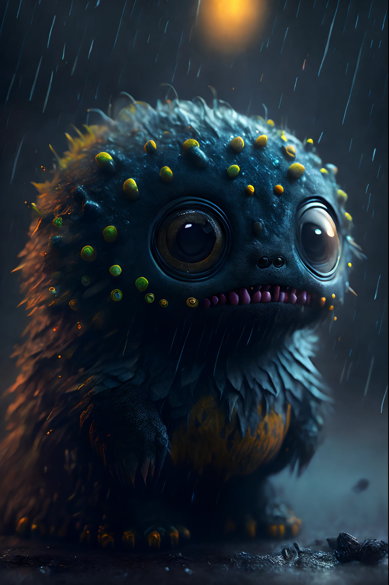 hyper realistic, cute monster, rain effect, 64k resolution photorealistic Masterpiece by Ridley Scott, intricately detailed fluid painting, HD, professional photography, dark lighting, volumetric lighting maximalist photo illustration, 64k resolution concept art with intricately detailed, complex, elegant, expansive, fantastical, ultra sharp, 64k,