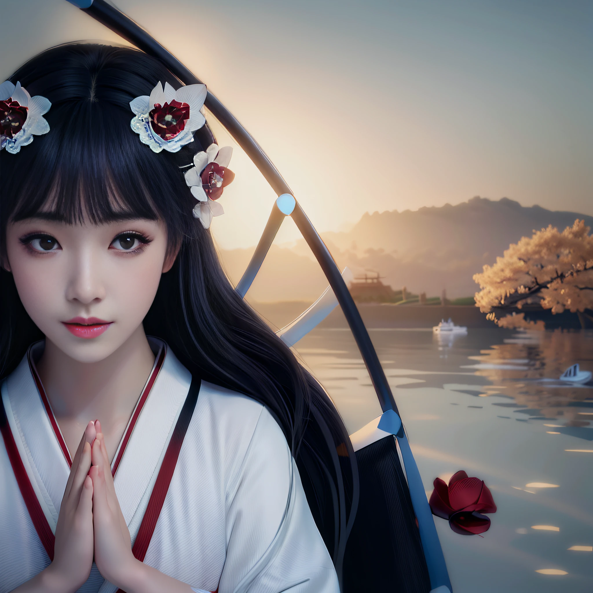 There is a woman in a kimono dress standing in front of a boat, a beautiful artwork illustration, Beautiful digital illustration, bela arte digital, bela arte digital, stunning digital illustration, Arte bonita UHD 4K, exquisite digital illustration, linda arte digital linda, pintura digital bonita, arte digital muito bonita, inspired by Itō Shinsui.