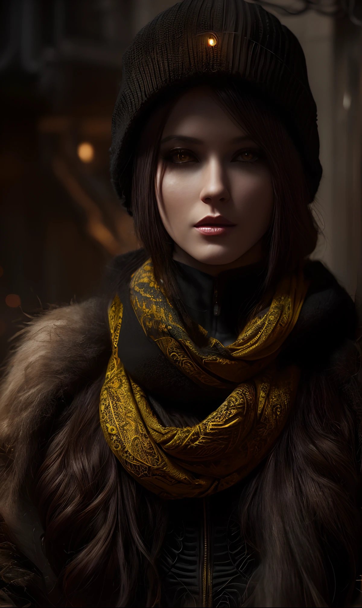 model woman in apocalyptic futuristic clothing, steampunk Mark Ryden style, black apocalyptic costume, creepo, nuclear winter and structures, cold last radiation war, hyper-realistic style, yellow textured scarf, knit hat, old artists, ethereal glow, intricate patterns. 8k resolution, dreamlike atmosphere, surrealism, irresistibly charming, symmetrical composition, soft and enchanting lighting, widely celebrated on ArtStation, meticulously detailed, digitally rendered using Unreal Engine, with bold brushstrokes and captivating textures