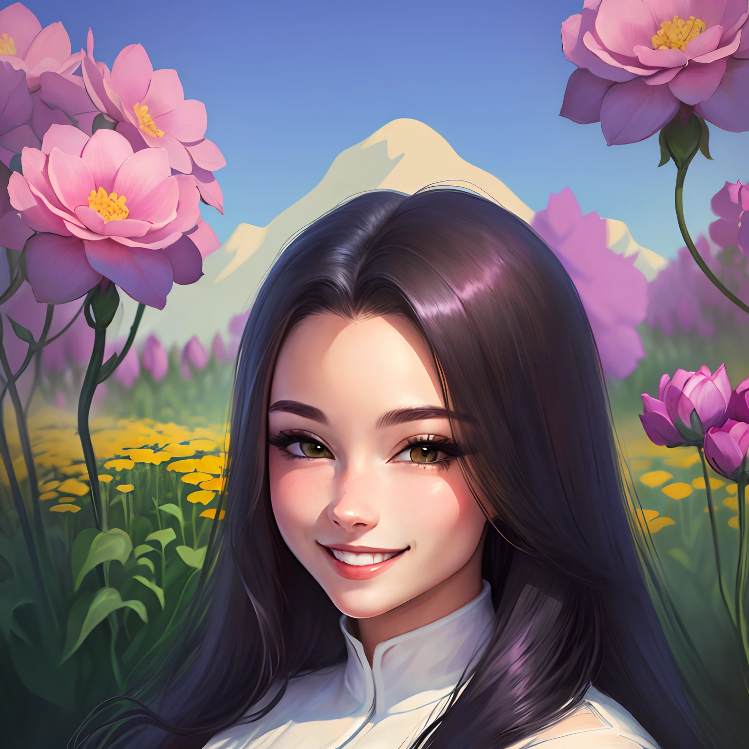 Smiling in the middle of a flower garden　Girl with long black hair　charicature