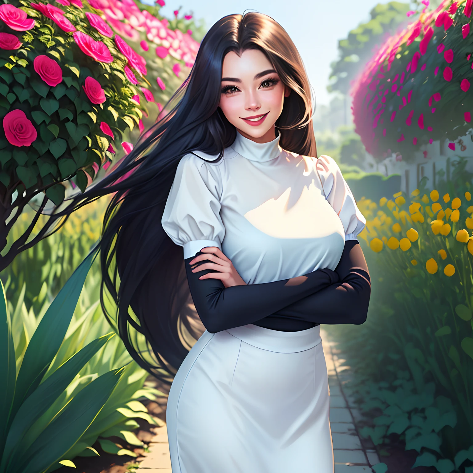 Smiling in the middle of a flower garden　Girl with long black hair　charicature