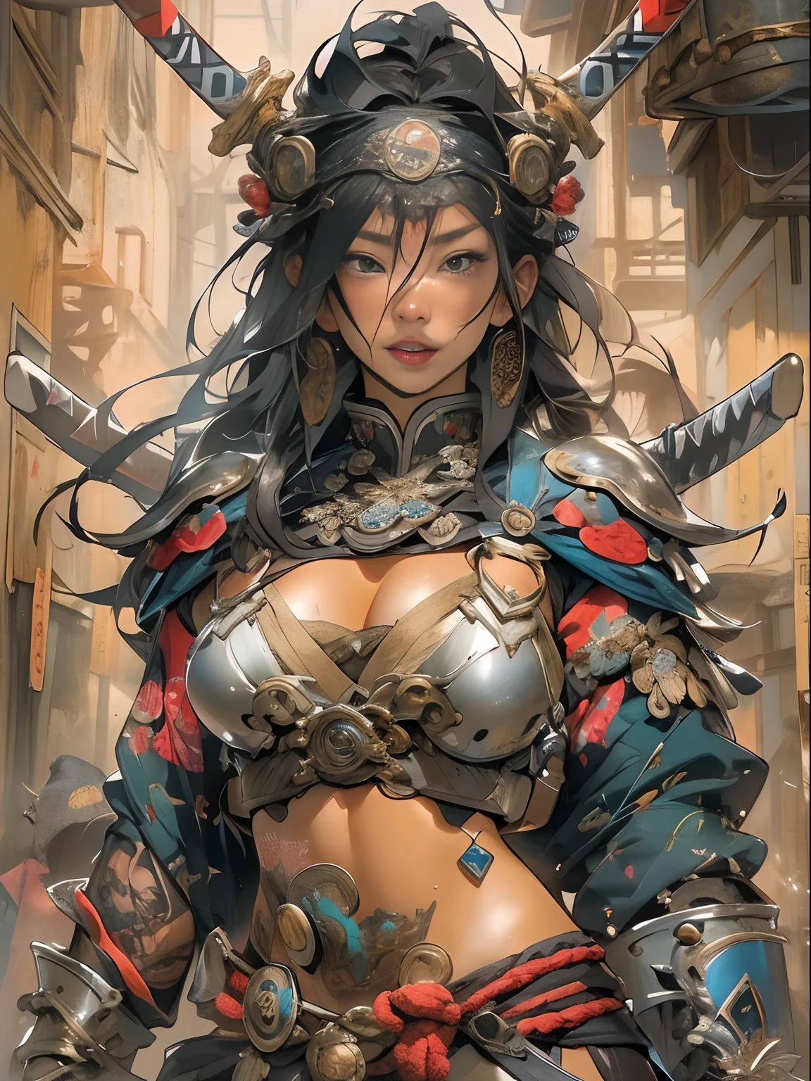 (((woman))), (((best qualityer))), (((tmasterpiece))), (((AS-Adult))), ((( Japanese ))), Look up from your knees, A beautiful asian samurai woman with perfect body, Modern samurai, ((( Asian))), Wear gloves on your hands,The left arm is made of steel and metal tips,Made of protective devices, The eyes are pulled, (( Appears below the breast )), (( Small dental floss )), Simon Bisley, Almost naked(Simon Bisley)Castle City Wilderness,For high-resolution posters, hair straight, Minimum clothing, armure (Crazy clothes ), Full of tips and rivets, tribal tattoos, (((full bodyesbian))), Straight brunette hair,Colored hair ends