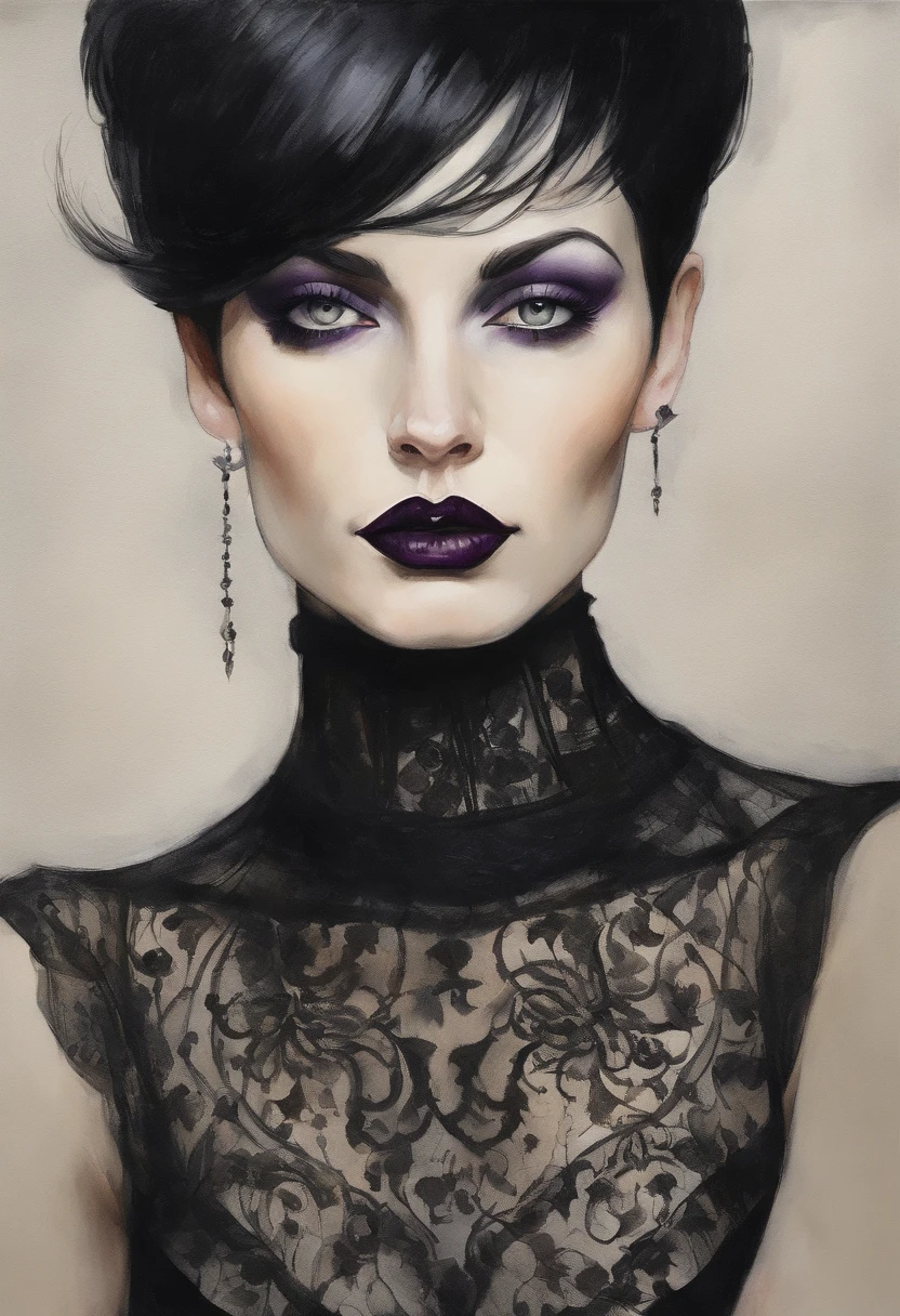 A portrait of an alluring goth girl with short black hair, a small bust, and a curvy figure posing with her finger gently pressed against her lips as she gazes downward. She sits on the floor, her legs partially crossed wearing a short, black pleated skirt that reveals her pale thighs and sheer black thigh-high stockings. Her jet black, pixie-cut hair frames her face. She wears dark purple lipstick that matches her black corset, accentuating her tiny waist and ample hips. A black choker collar sits around her elegant neck. Her eyes are cast downward with alluringly darkened lashes. She exudes a mysterious yet beguiling aura. The lighting accentuates the contours of her curvy, petite posed form and clothing details. The nondescript background keeps the focus on her gesture and outfit. The image is photorealistic with intimate detail.