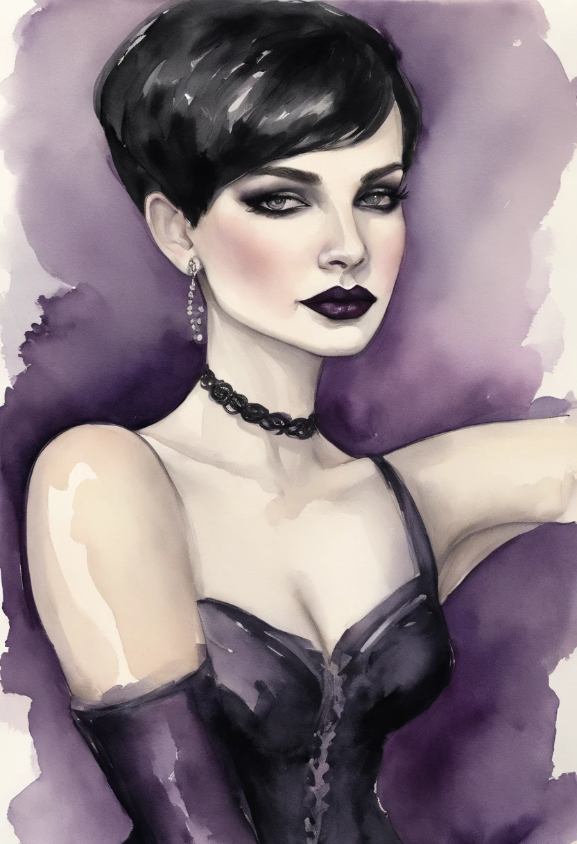 A portrait of an alluring goth girl with short black hair, a small bust, and a curvy figure posing with her finger gently pressed against her lips as she gazes downward. She sits on the floor, her legs partially crossed wearing a short, black pleated skirt that reveals her pale thighs and sheer black thigh-high stockings. Her jet black, pixie-cut hair frames her face. She wears dark purple lipstick that matches her black corset, accentuating her tiny waist and ample hips. A black choker collar sits around her elegant neck. Her eyes are cast downward with alluringly darkened lashes. She exudes a mysterious yet beguiling aura. The lighting accentuates the contours of her curvy, petite posed form and clothing details. The nondescript background keeps the focus on her gesture and outfit. The image is photorealistic with intimate detail.