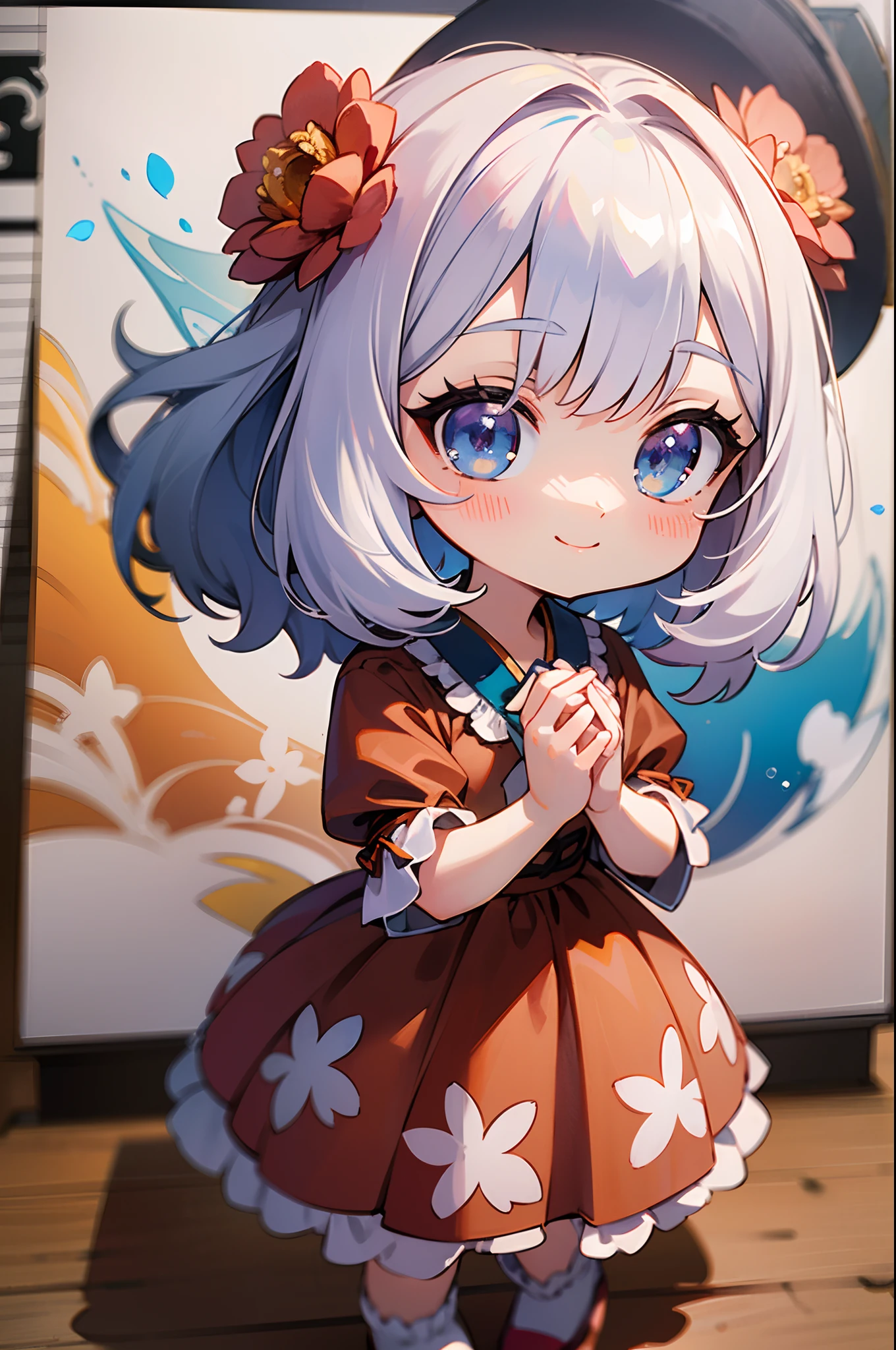 photoRealstic、Doll standing in front of the painting(nendroid)、A smile、Water droplets on the cheeks、In a cute pose、watercolor Nendoroid、(High Definition Figure)、Flowing iridescent silk、up of face、Eye Up、Colorcon with heart pattern、Floral dress、Making a heart with both hands、There are also flowers in front of the nendroids、flower petals、season!!: 夏天☀ 🍂