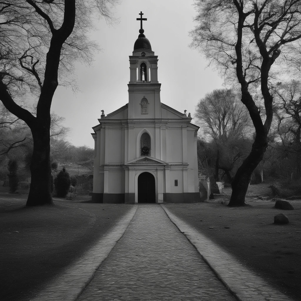 Uma imagem que pode complementar a frase "Uma Igreja Viva para um Mundo Morto" poderia ser a seguinte:
Na imagem, visualiza-se uma igreja vibrante e acolhedora, com suas portas abertas de par em par, inundando o ambiente ao redor com luz e calor. The church is situated in the midst of a setting that represents the world "morto", com tons de cinza, heavy shadows and leafless trees. No entanto, a igreja emana uma luz intensa, symbolizing faith, the hope and life she shares with the world. As pessoas, sorridentes e de todas as idades, are entering the church, representing the active congregation that makes it alive. The image is a powerful representation of the contrast between life and death, highlighting the role of the church as a source of renewal and spirituality in an often bleak world.