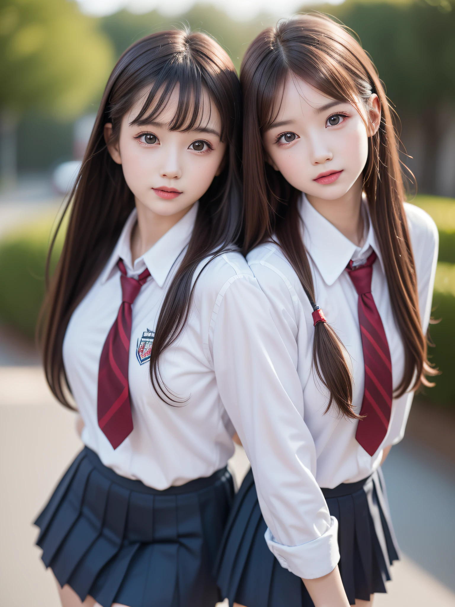 (2ung girls), (highly detailed Beautiful face), Amazing face and eyes, (Best Quality:1.4), (Ultra-detailed), (extremely detailed CG unified 8k wallpaper), Highly detailed, High-definition raw color photos, Professional Photography, Realistic portrait, Amazing face and eyes, Pink eyes, (hi-school uniform, pleated mini skirt:1.3), twintails, brown hair, model,  (((Bokeh))), depth of fields, School, classroom,