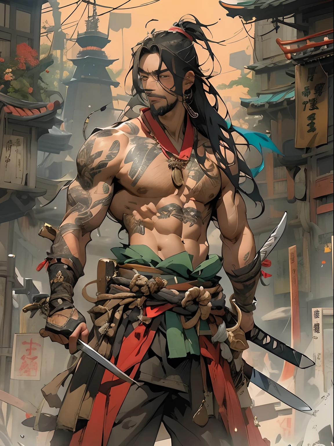 (((mtu))), (((best qualityer))), (((tmasterpiece))), (((AS-Adult))), ((( Japanese ))), Look up from your knees, Handsome Asian samurai，perfect body figure, Modern samurai, ((( Asian))), Wear gloves on your hands，The left arm is made of steel and metal tips，Made of protective devices, The eyes are pulled, (( Appears below the chest )), (( Small dental floss )), Simon Bisley, Almost naked（Simon Bisley）Castle City Wilderness，For high-resolution posters, hair straight, Minimum clothing, armure (Crazy clothes ), Full of tips and rivets, tribal tattoos, (((full bodyesbian))), Straight brunette hair，Colored hair ends