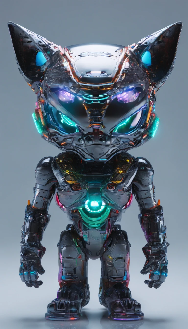 robotic cat, (Blind Box Toy Style:1.2), (FULL BODYSHOT) , 1 transparent boy,Behind him is a cute transparent robot cat, Mechanical Transparent, Exquisite helmet:1.2, Glasses:1.2, Cyberpunk, Dreamy glow, bright neon lights, ren, white backgrounid, ( globalillumination, Streak Trace, nffsw, Unreal Render,Reasonable design, high detal, Master Parts, Best Quality, Hyper Hi-Vision, Cinematic lighting)