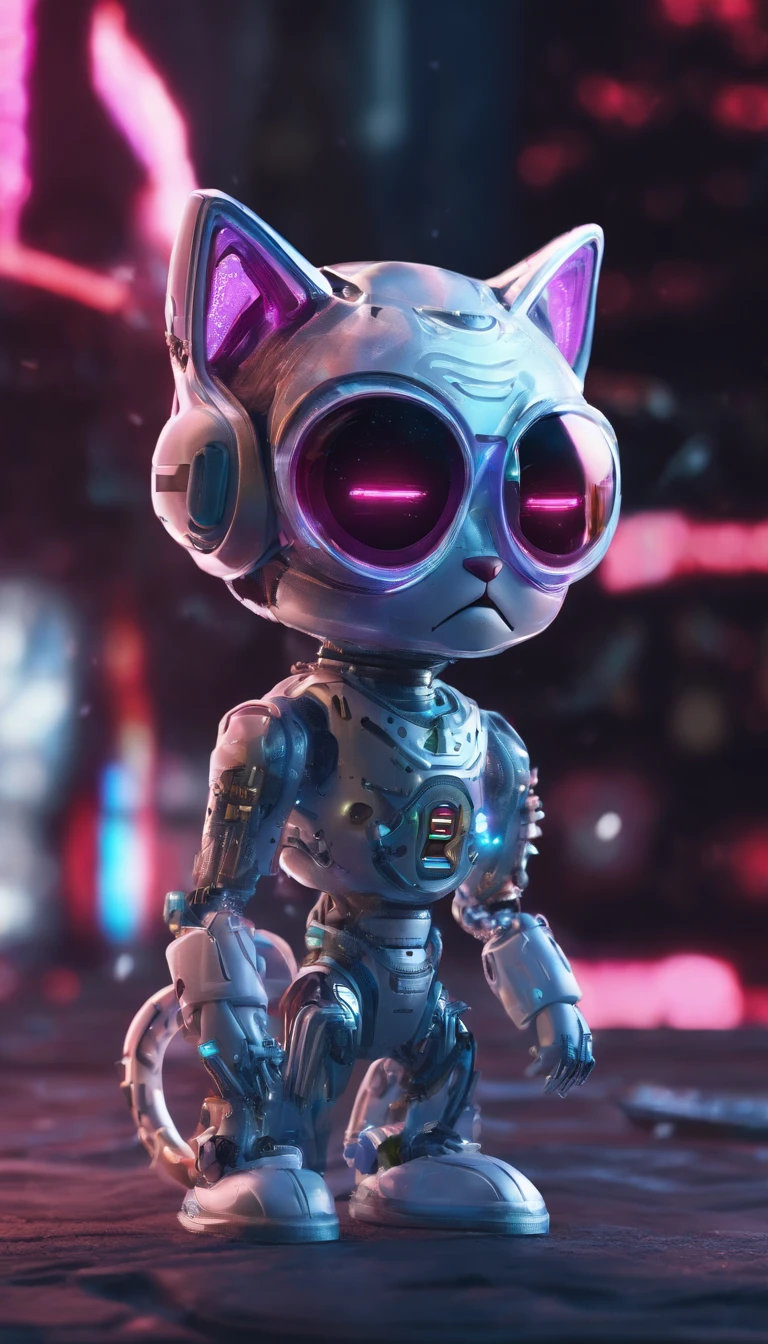 robotic cat, (Blind Box Toy Style:1.2), (FULL BODYSHOT) , 1 transparent boy,Behind him is a cute transparent robot cat, Mechanical Transparent, Exquisite helmet:1.2, Glasses:1.2, Cyberpunk, Dreamy glow, bright neon lights, ren, white backgrounid, ( globalillumination, Streak Trace, nffsw, Unreal Render,Reasonable design, high detal, Master Parts, Best Quality, Hyper Hi-Vision, Cinematic lighting)