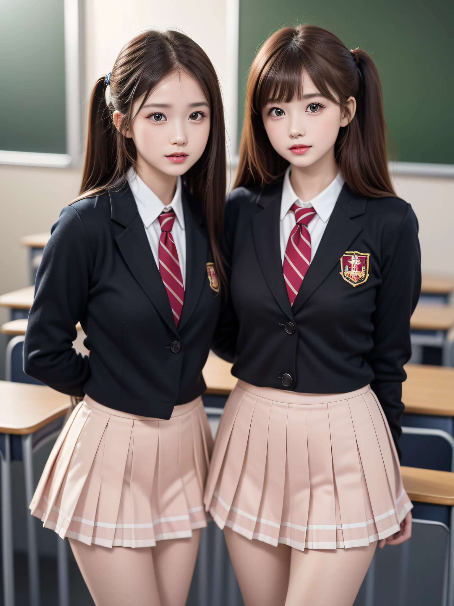 (2ung girls), (highly detailed Beautiful face), Amazing face and eyes, (Best Quality:1.4), (Ultra-detailed), (extremely detailed CG unified 8k wallpaper), Highly detailed, High-definition raw color photos, Professional Photography, Realistic portrait, Amazing face and eyes, Pink eyes, (hi-school uniform, pleated mini skirt:1.3), twintails, brown hair, model, (((Bokeh))), depth of fields, School, classroom,