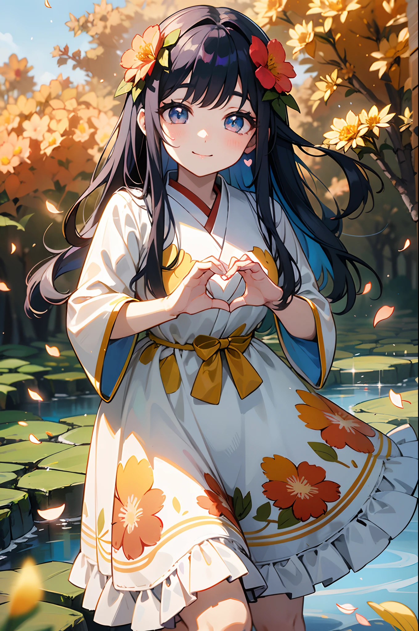 photoRealstic、Stand in front of the picture、A smile、Water droplets on the cheeks、In a cute pose、Flowing iridescent silk、up of face、Eye Up、Colorcon with heart pattern、Floral dress、Making a heart with both hands、There are also flowers in the foreground、flower petals、season!!: 夏天☀ 🍂