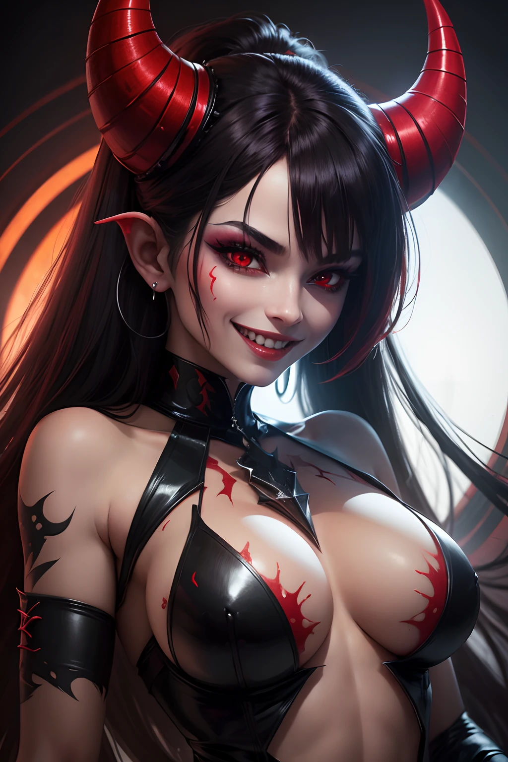 Sexy Demon, red horns and black aura, Red eyes, smile with jagged teeth. Ultra-detailed, ultra-realistic