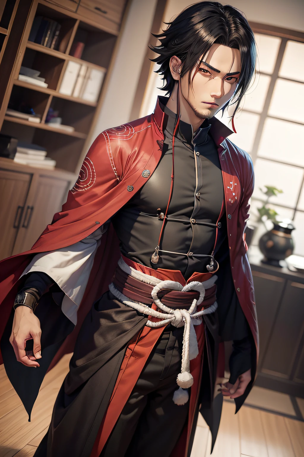 personagem de anime com cabelo preto e olhos vermelhos em uma roupa preta, um retrato de personagem inspirado em Yamagata Hiro, Pixiv, Shin Hanga, Hiro, hijikata tousHirou, Ryuu, Hidari, Okata Kazuto., personagem estilo anime, handsome japanese demon boy, itatchi uchiha, estilo anime masculino, Masamune SHiro, Character with legs and arms