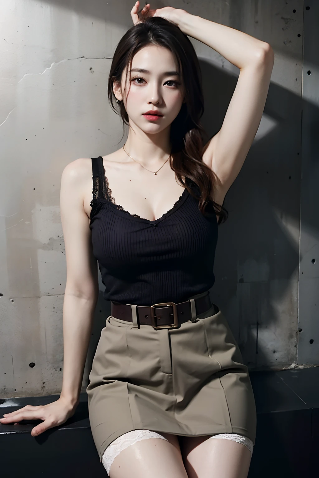 Black skirt, suspenders, Brown hair Gray eyes, Garter belt on the legs, Tight black clothes, a belt Armpit sweat Dark look Moderately breasts holster chain poneyTail Water wetting