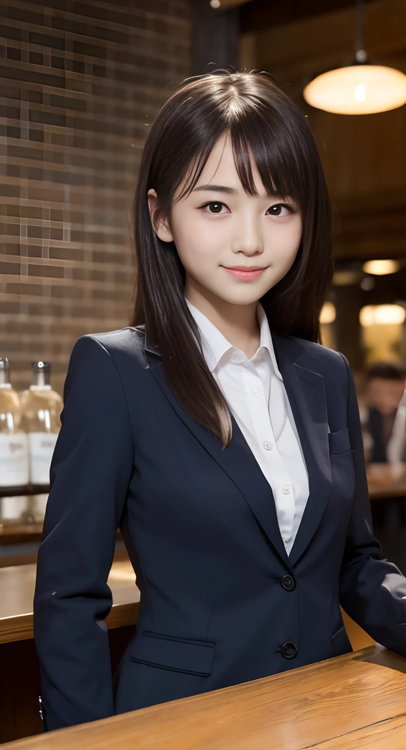(top-quality、masterpiece:1.2)、Best Quality、realisitic、photoshot、hight resolution、1080p、8K、Textured skin、Physical Rendering、1 Japan Girls、a junior high school student、kawaii、Young Face、Rolled hair、(Business suits:1.5)、Sit at the bar counter、full of shyness、smil、Big