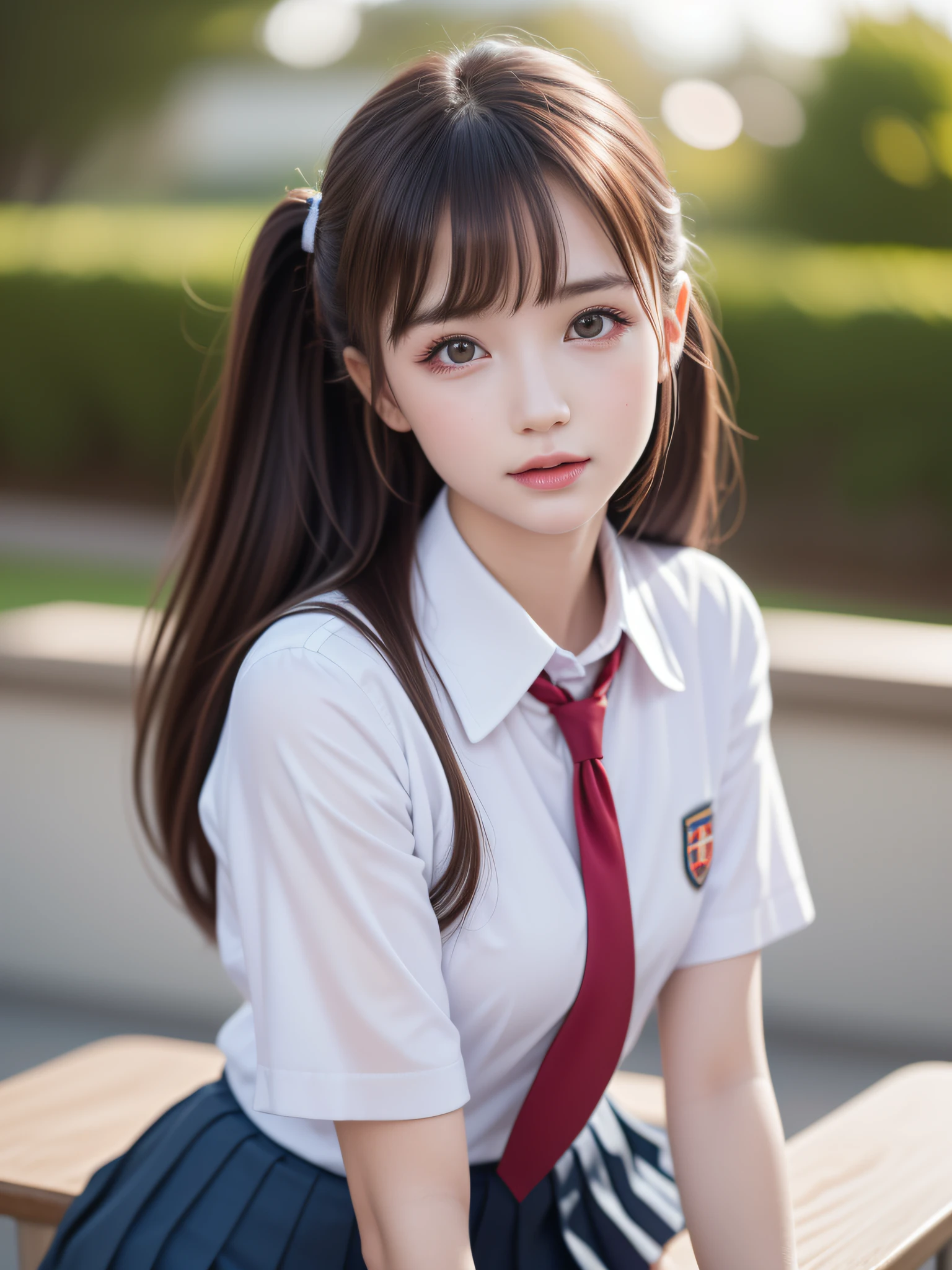 ung girls, Extremely beautiful, (Extremely cute), (extremely detailed beautiful face), Amazing face and eyes, dark brown hair, Brown eyes, drooing eyes、no-makeup、(High School Uniform, Pleated mini-skirt:1.3), (high-school uniform:1.2), , (Best Quality:1.4), (Ultra-detailed), extremely detailed CG unified 8k wallpaper, A hyper-realistic, (Photorealsitic:1.3), RAW Photos, professional photograpy, Cinematic lighting, Realistic portrait, Sitting, (Spread your legs wide), (:1.3), ((Bokeh)), depth of fields, View from below,