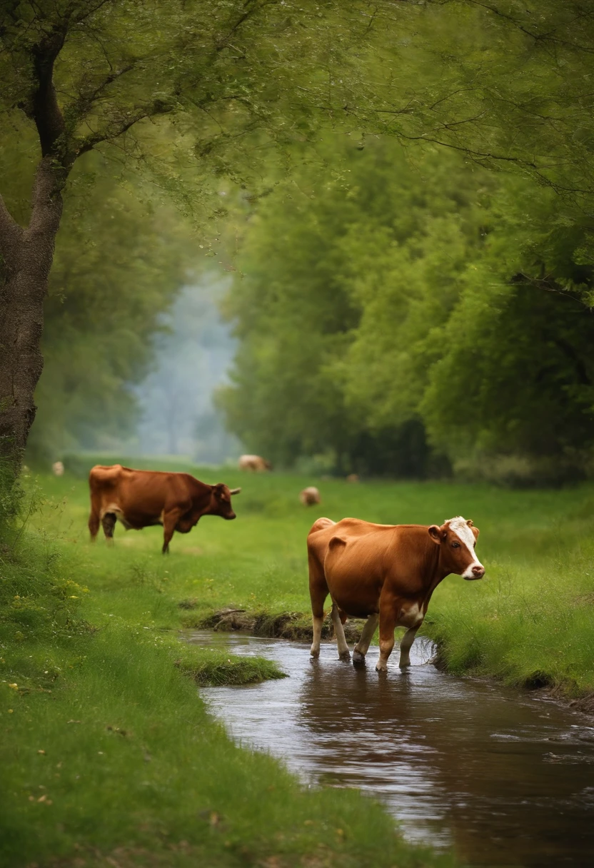 There is a stream under an apple tree,Several old cows graze by the stream,Nearby, there is a puppy with his back to the camera