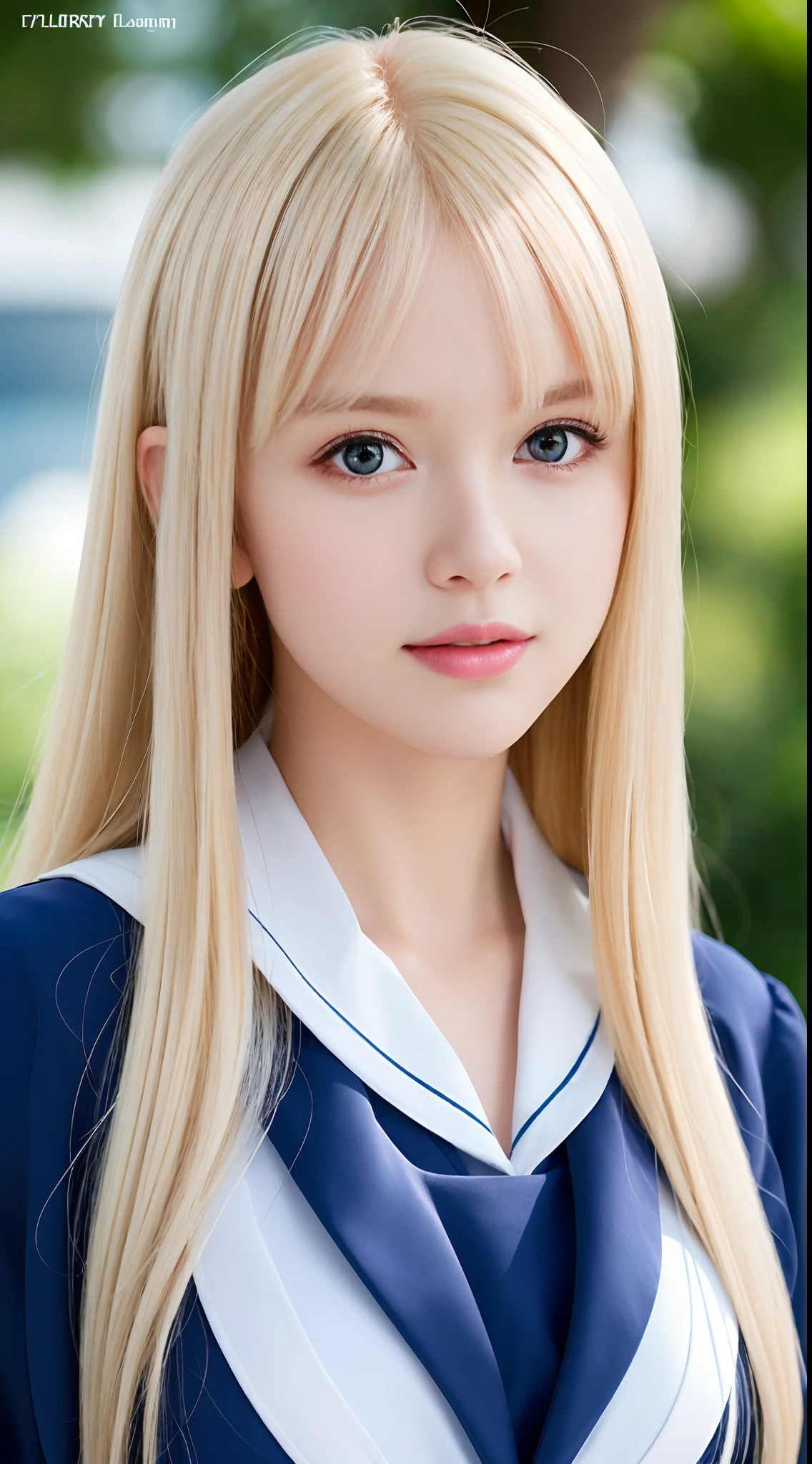RAW photos, ((Portrait of extreme beauty))), upper body, (((glossy glossy skin)), one, 17-year-old pretty beautiful girl, (shiny bright platinum blonde)), disheveled hair, [bright light blue big eyes shining with high definition], silky straight hair, super long hair, eyeliner, shiny bangs, fluttering hair, inviting expression, smile, ((masterpiece, highest quality, Ultra detail, light, complex detail, high resolution, 8k, very detail)), detailed background, 8k uhd, high quality, shallow depth of field, natural light, (perfect hands), school uniform, sailor suit, puritanical