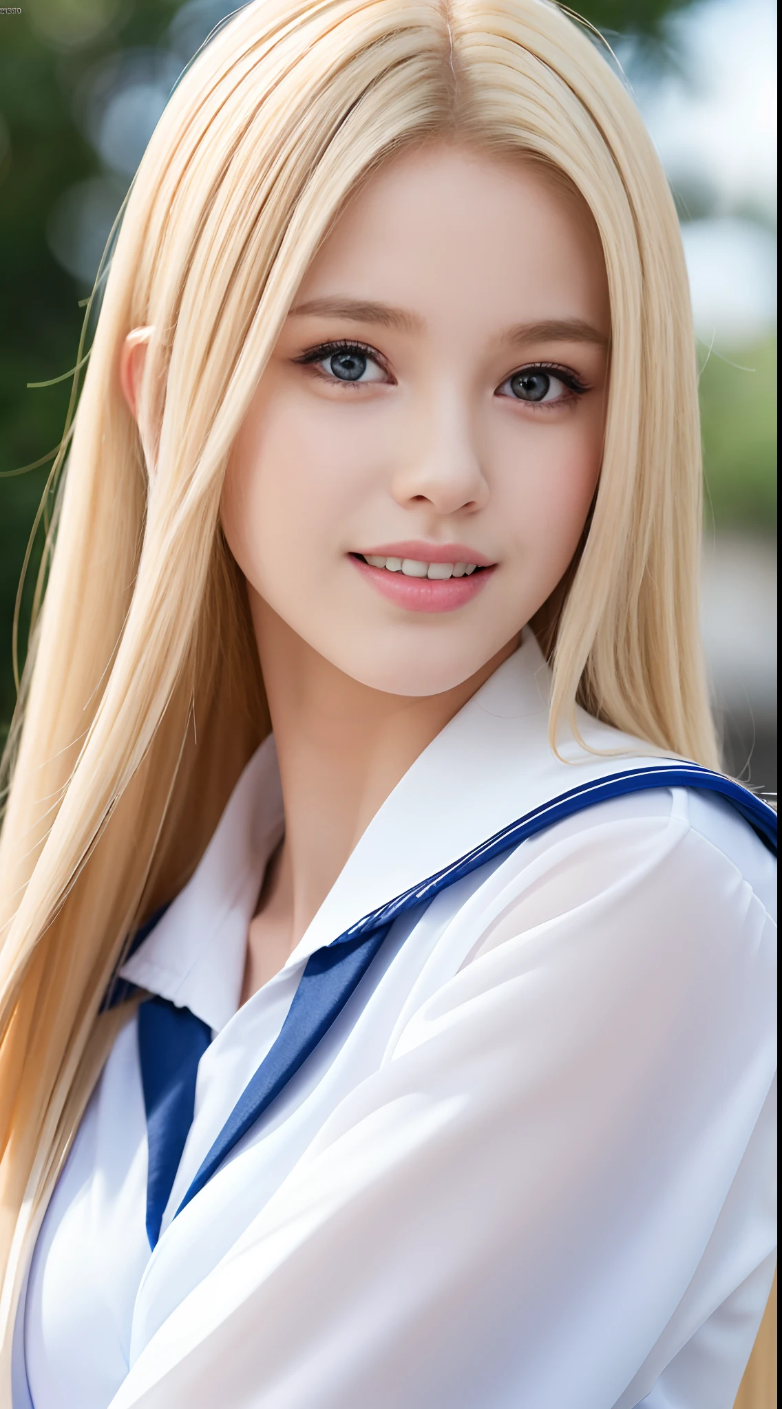 RAW photos, ((Portrait of extreme beauty))), upper body, (((glossy glossy skin)), one, -yeld pry beautiful girl, (shiny bright platinum blonde)), disheveled hair, [bright light blue big eyes shining with high definition], silky straight hair, super long hair, eyeliner, shiny bangs, fluttering hair, inviting expression, smile, ((masterpiece, highest quality, Ultra detail, light, complex detail, high resolution, 8k, very detail)), detailed background, 8k uhd, high quality, shallow depth of field, natural light, (perfect hands), school uniform, sailor suit, puritanical