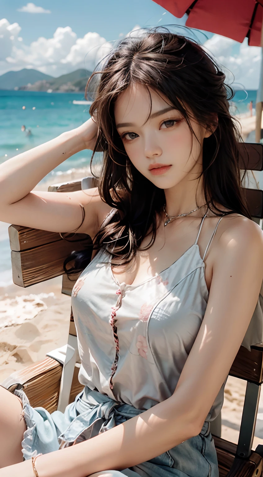 MDNN, (sharp-focus:1.2), Portrait, Attractive young woman, (beatiful face:1.1), A detailed eye, luscious lips, (eye make up:1.2), (close body:1.2), wearing (Floral dress:1.2) at (Beach:1.2). (morning sun:1.2), Depth of field, bokeh, 4k, HDR. by (James C. Christensen:1.2|Jeremy Lipking:1.1). violet eyes.