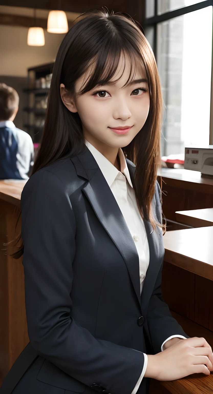 A close up of a woman in a suit sitting at a desk - SeaArt AI