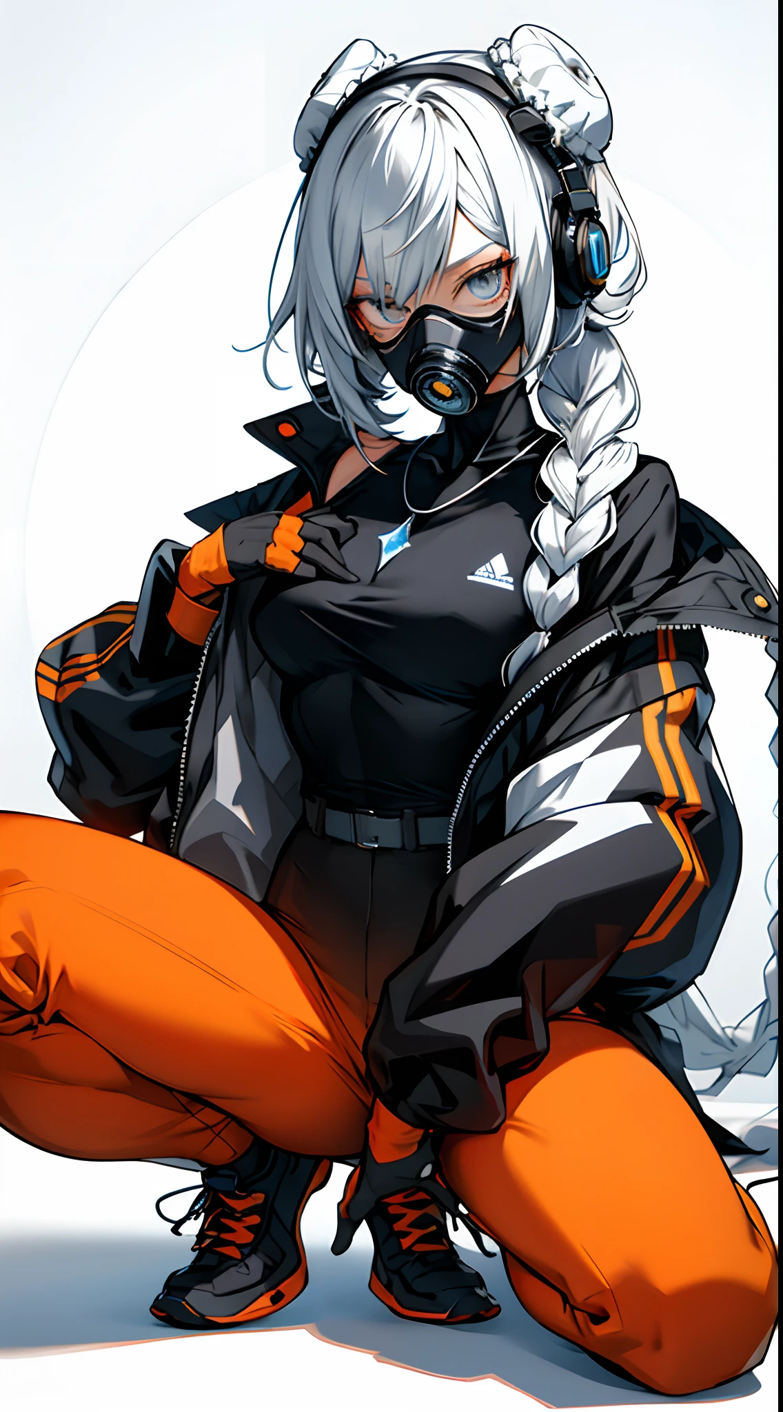 ulzzang-6500, (realistic: 1.3) (original: 1.2), masterpiece, best quality, beautiful clean face, fullbody, 1woman, (wearing black and white and cobalt scifi techmask and headphones with complex electronics), wearing black techwear jacket and orange trousers with buckle and tape, (crystal necklace), posing for a picture, (white braided bun hair), gasmask