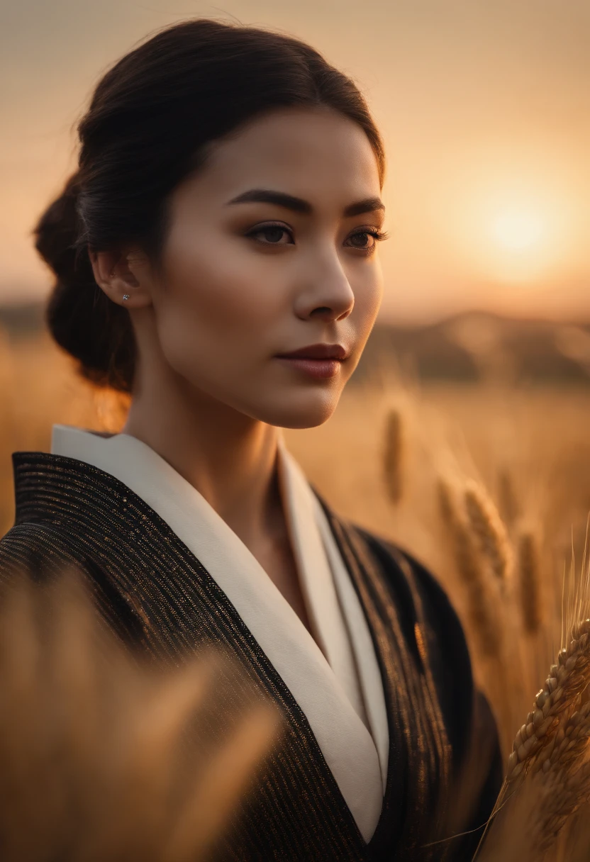 A girl in a kimono with a blank look stands waist-deep in a field of wheat, a black kimono with gold edges, her hair is tied in a ponytail, yellow eyes, the sunset is reflected in her eyes, the light falls on her face, half-sideways to the camera, Showing her tits and pussy