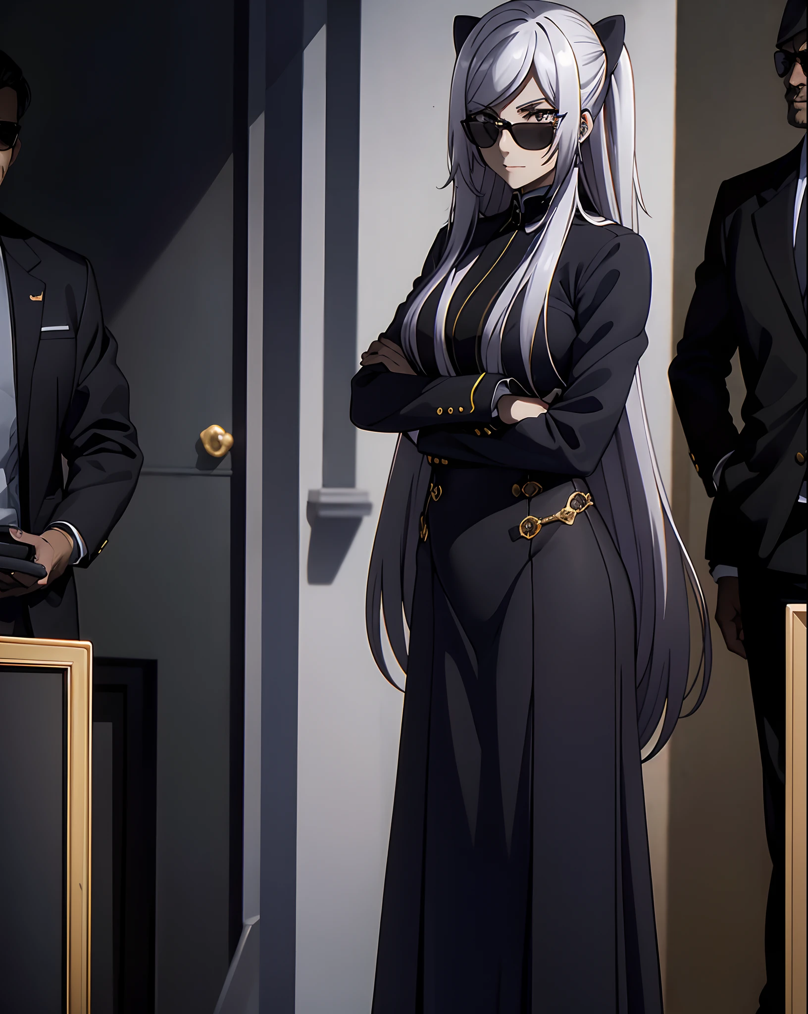 masterpiece, official art, 8k, best quality, highly detailed, mysterious, dark, sophisticated, upscale, auction house:1.2, woman, suits, sunglasses, earpieces, security personnel, high-tech equipment, advanced surveillance technology, valuable items on display, the man in the foreground, confidently observing the scene with a sly smile.