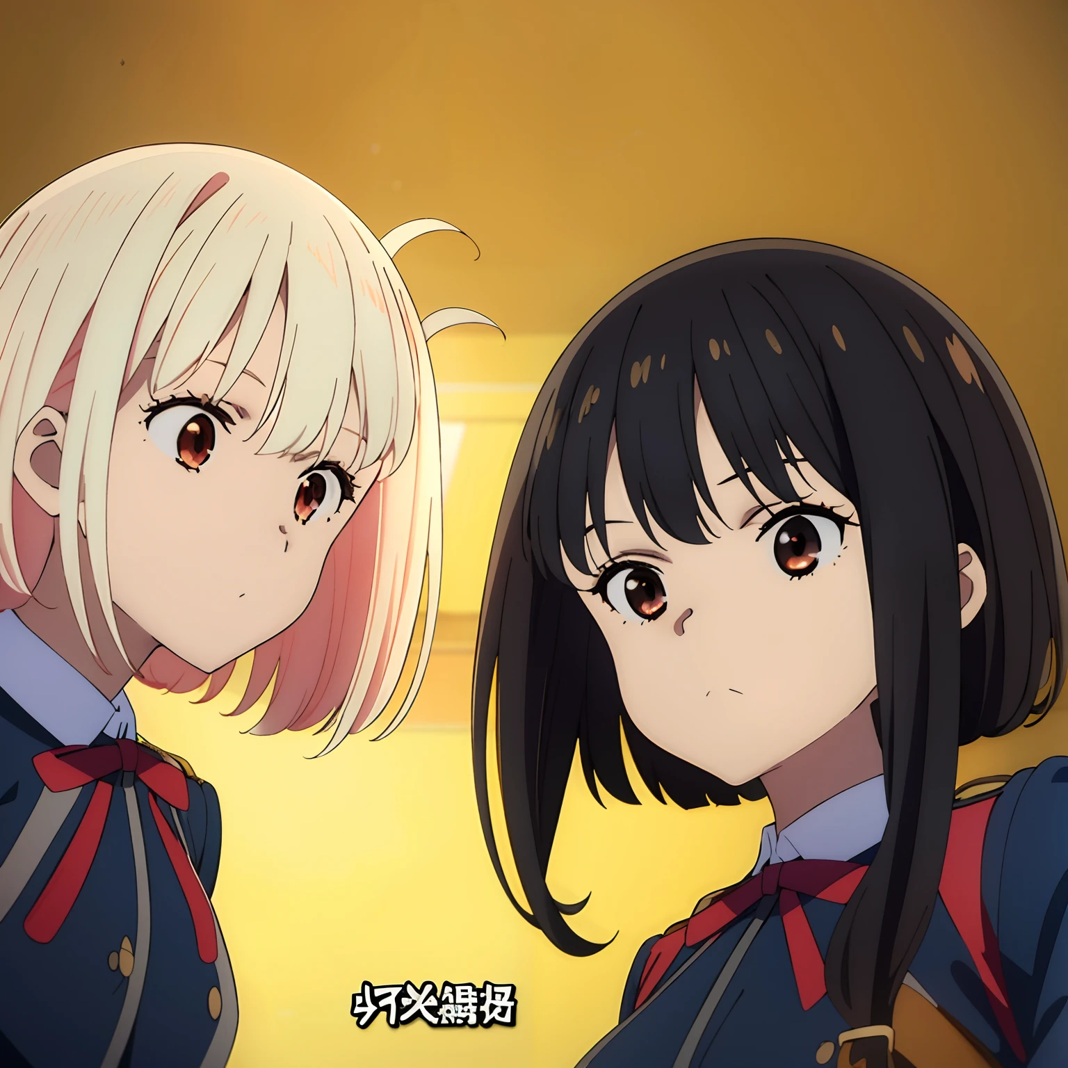 (masterpiece), (best quality), (HD quality),
 2girls, school girls, different uniforms, one with red bow, other one with yellow clip, short and styled blonde, and long black hair, sunset, fields